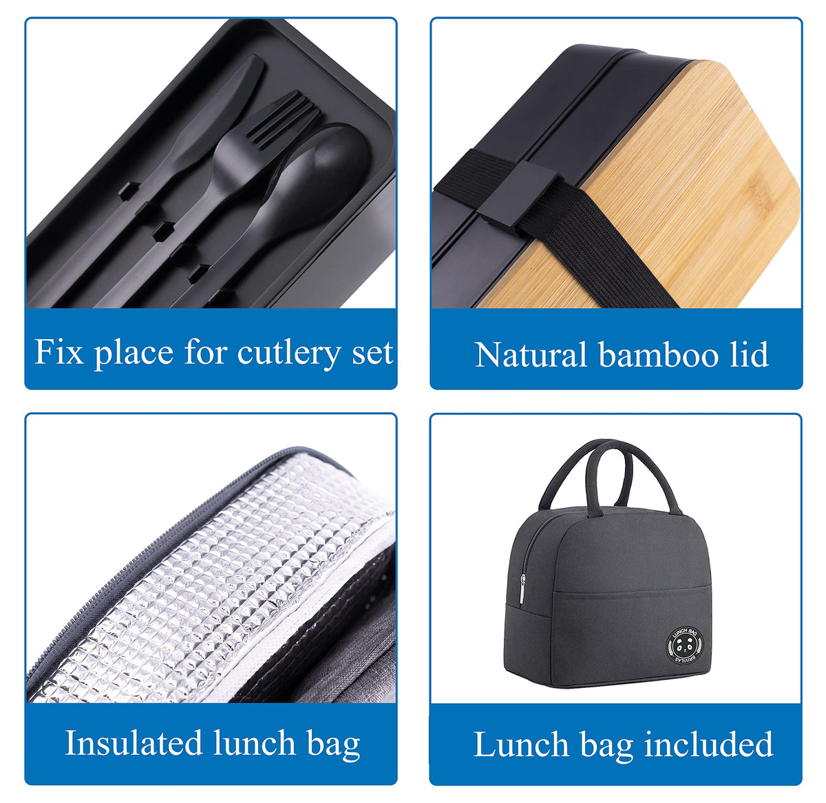Japanese Bamboo Bento Box with Compartments and Utensils Stackable Lunch Box Includes Lunch Bag for Meal Prep Black