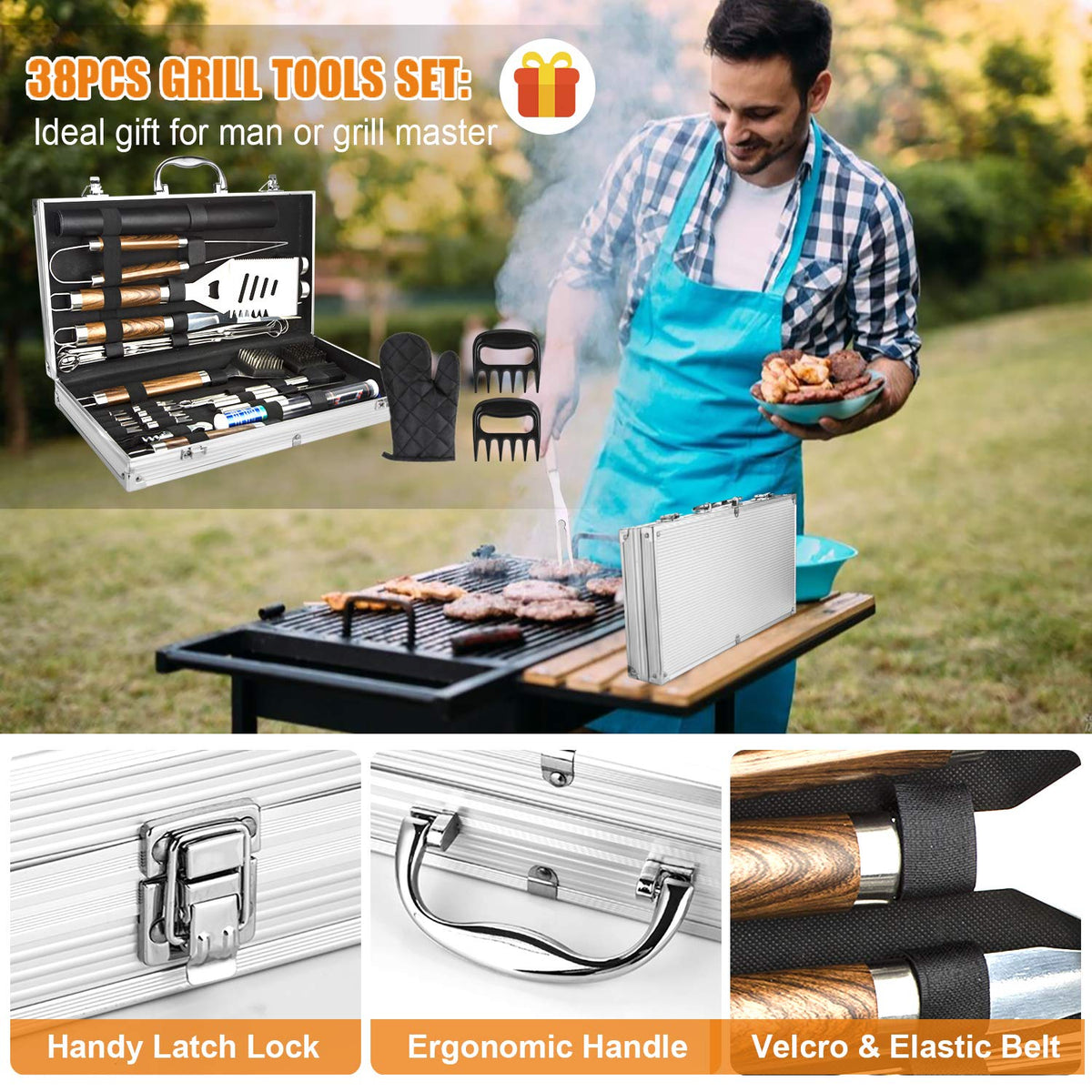 Cifaisi BBQ Grill Accessories Set, 38Pcs Stainless Steel Grill Tools Grilling Accessories with Aluminum Case, Thermometer, Grill Mats for Camping/Backyard Barbecue, Grill Set for Men Women