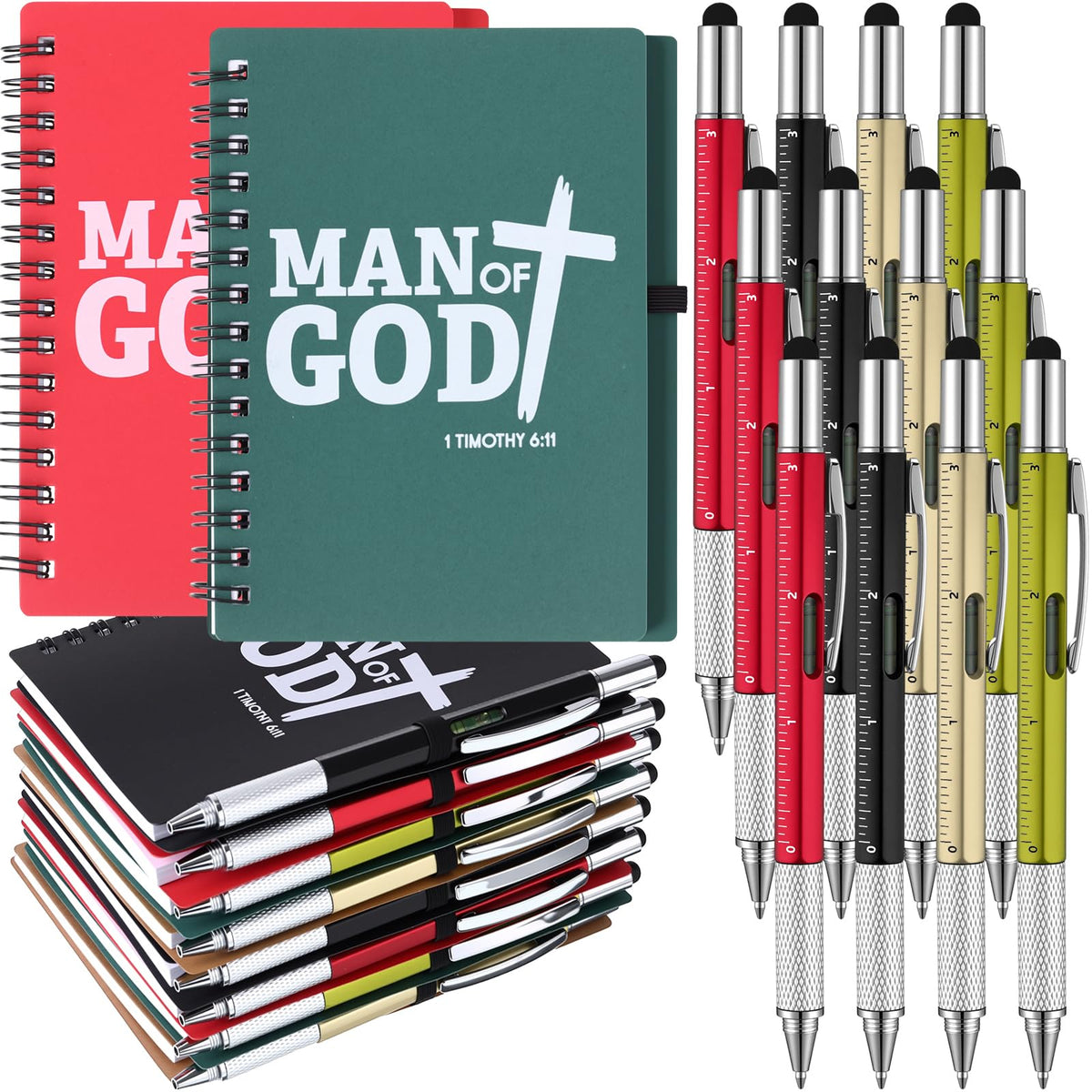 AmazingSpark 24 Pcs Church Gifts for Father's Day Bulk Man of God Christian Gifts Multi Tool Pens with Spiral Religious Notebooks for Dad Husband Adults Men Fathers Day Birthday