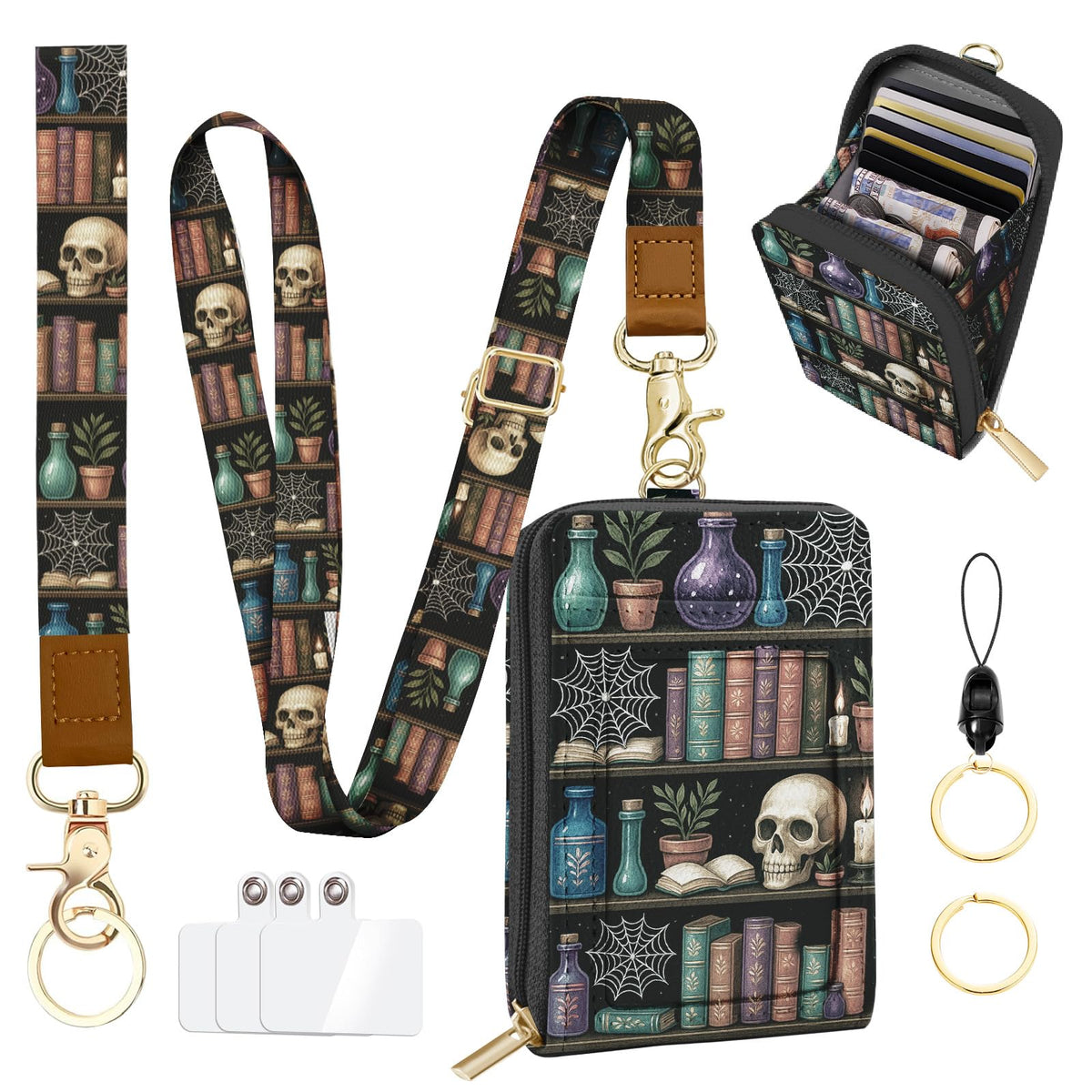 QRZIQRZ Lanyards Wallet & ID Badge Holder,Skull Bookshelf ID Case with Zipper,RFID Credit Card Holder for Women,Detachable Neck Lanyard Wrist Strap with Keychain Phone Holder for Teacher Nurse Gifts