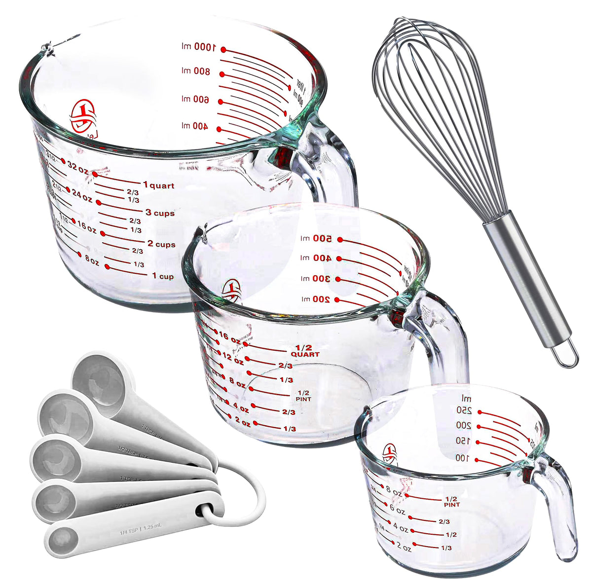 Le'raze Set of 3 Glass Measuring Cups with Measuring Spoons & Whisk - Kitchen Mixing Bowl Liquid Measure Cup, Glass Bakeware. 1 cup, 2 cup, 4 cup., Multi Size, Clear