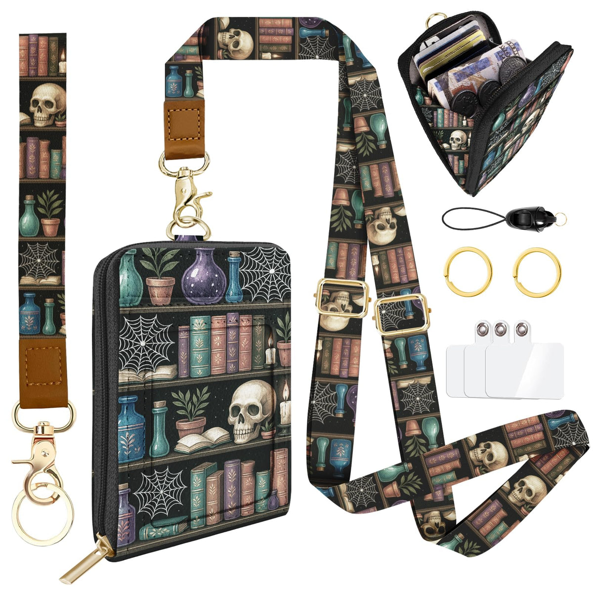 QRZIQRZ Lanyards Wallet & ID Badge Holder,Skull Bookshelf ID Case with Zipper,RFID Credit Card Holder for Women,Detachable Neck Lanyard Wrist Strap with Keychain Phone Holder for Teacher Nurse Gifts