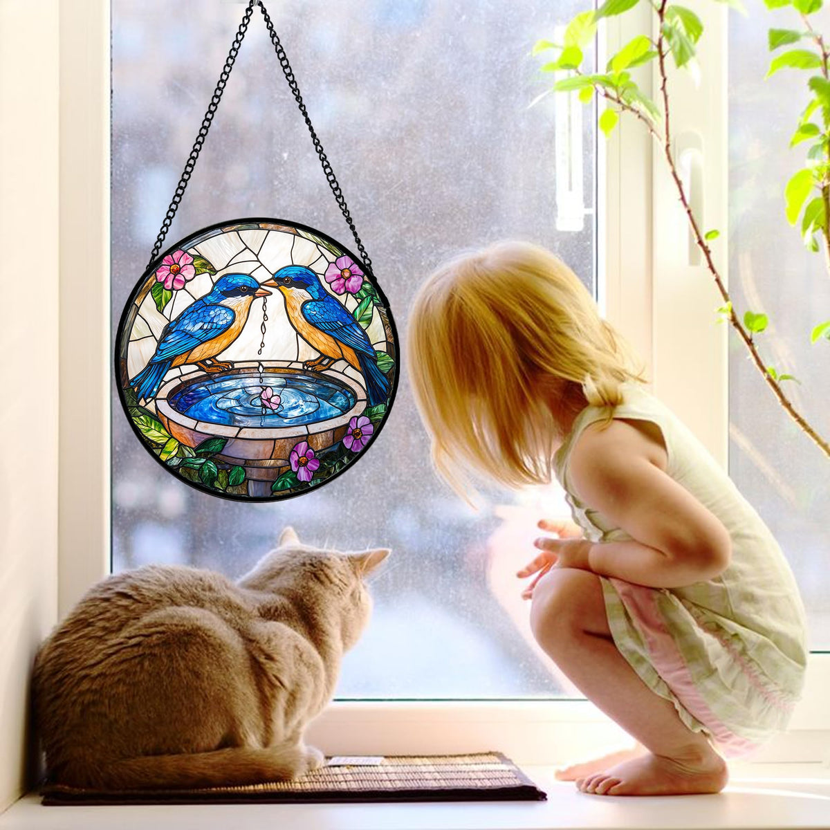 DASTOLL Stained Glass Window Hanging, 2 Blue Birds Suncatcher Diamond Glass Panel Hangings Bird Lover Sun Catchers Decor for Birthday for Women, Men, Wife, Aunt, and Mom 6.3 in