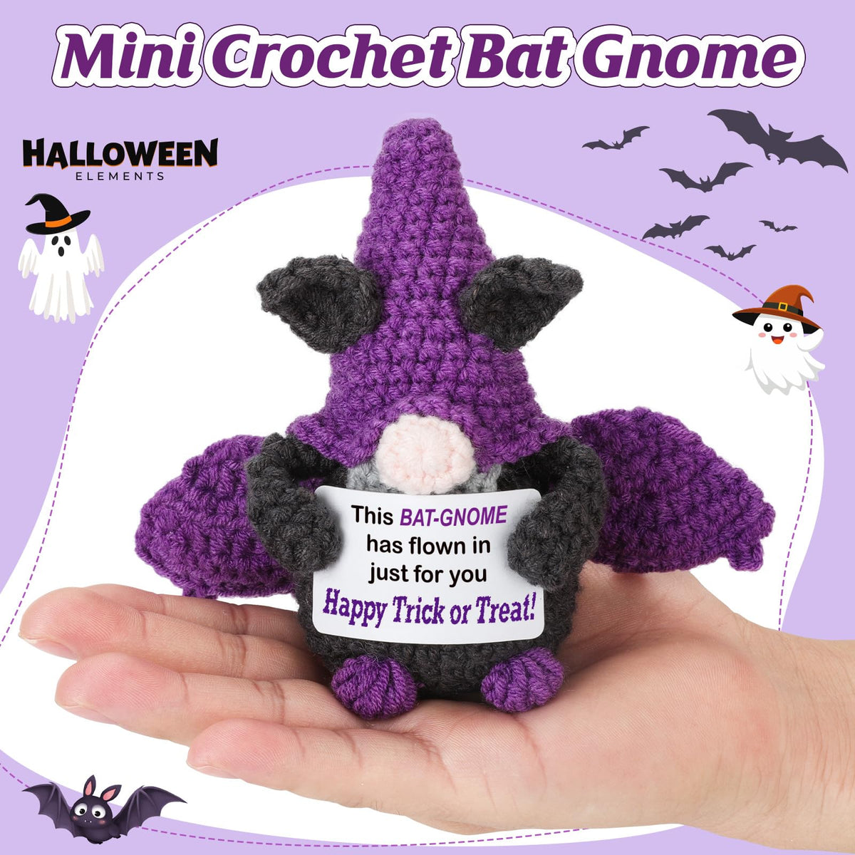 Weming Halloween Treats Non Candy, Crochet Purple Bat Gnome with Greetings, Halloween Toy Gifts, Goodie Bag Stuffers in Treat Bag & Boo Basket