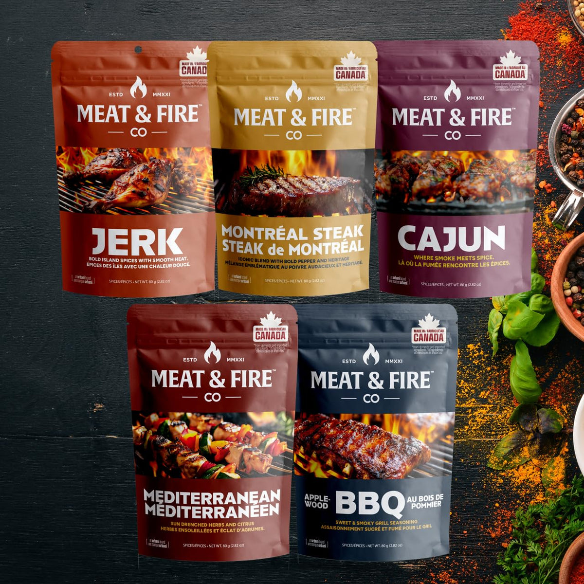 BBQ Rubs & Seasonings Gift Set for Men – 5 Gourmet Grilling & Smoking Spices in Gold Foil Gift Box, Meat & Fire Co., BBQ Accessories Gift for Dad, Grill & Smoker Lovers