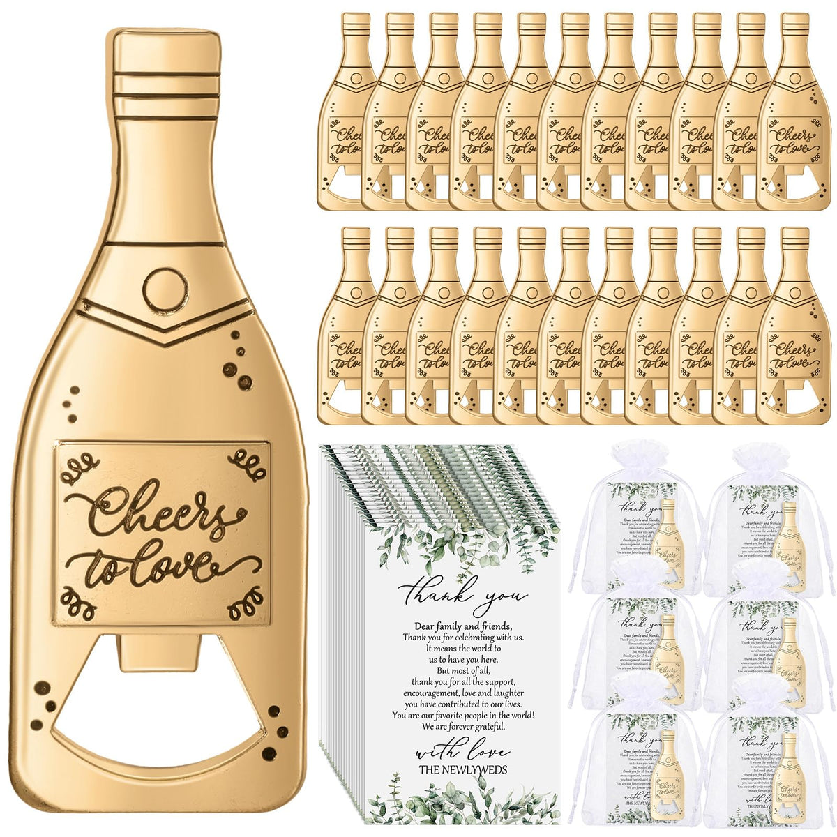 Suclain 50 Sets Wedding Favors for Guests Bulk Wedding Souvenirs Include Cheers to Love Bottle Openers Thank You Cards and Organza Bags Bridal Shower Gifts Decorations