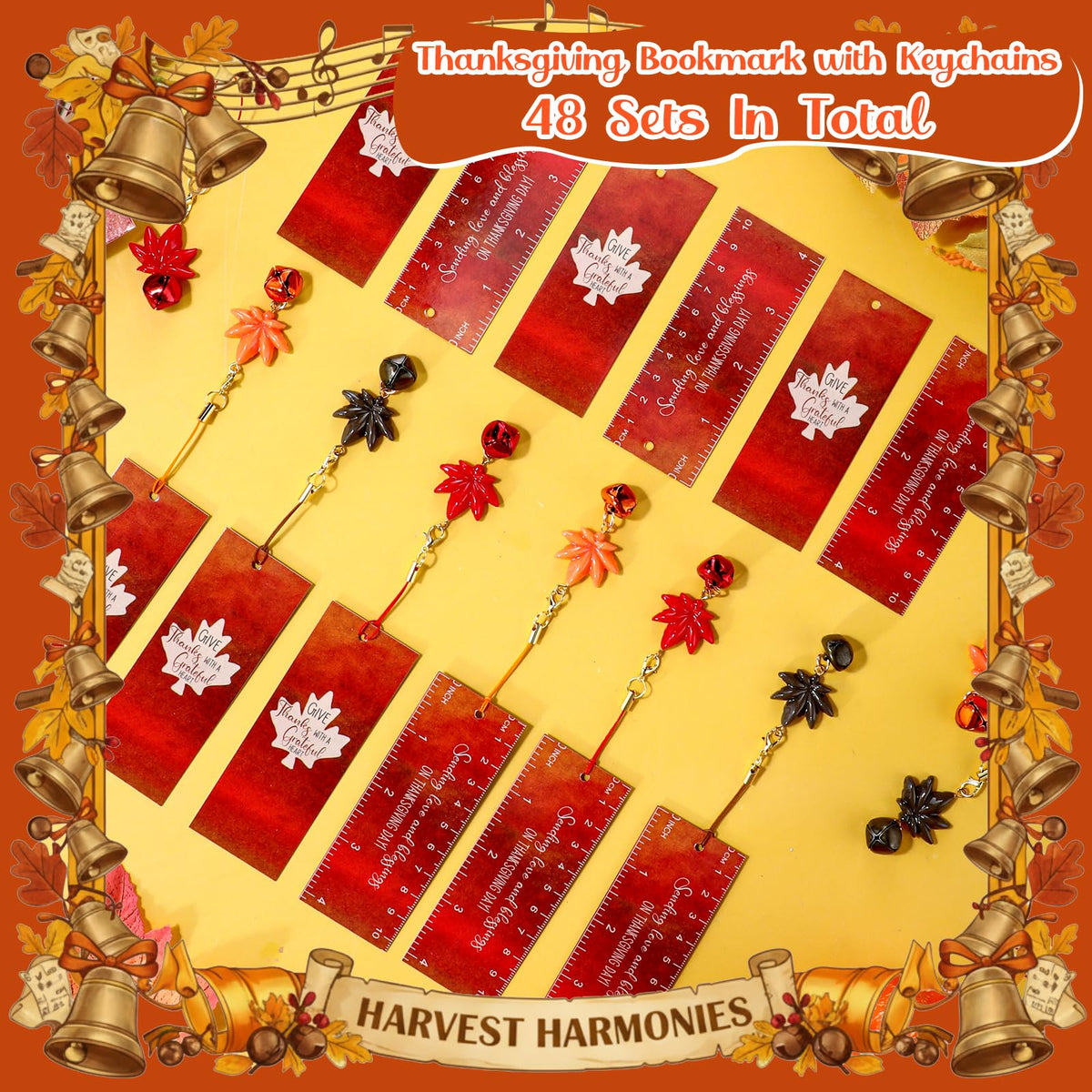 Huquary 24 Set Thanksgiving Bulk Gifts Jingle Bell Maple Keychains with Fall Bookmarks Fall Purse Jingle Bell Charms Leaf Charms Friendsgiving Party Favor Customer for Coworker Church Book Club