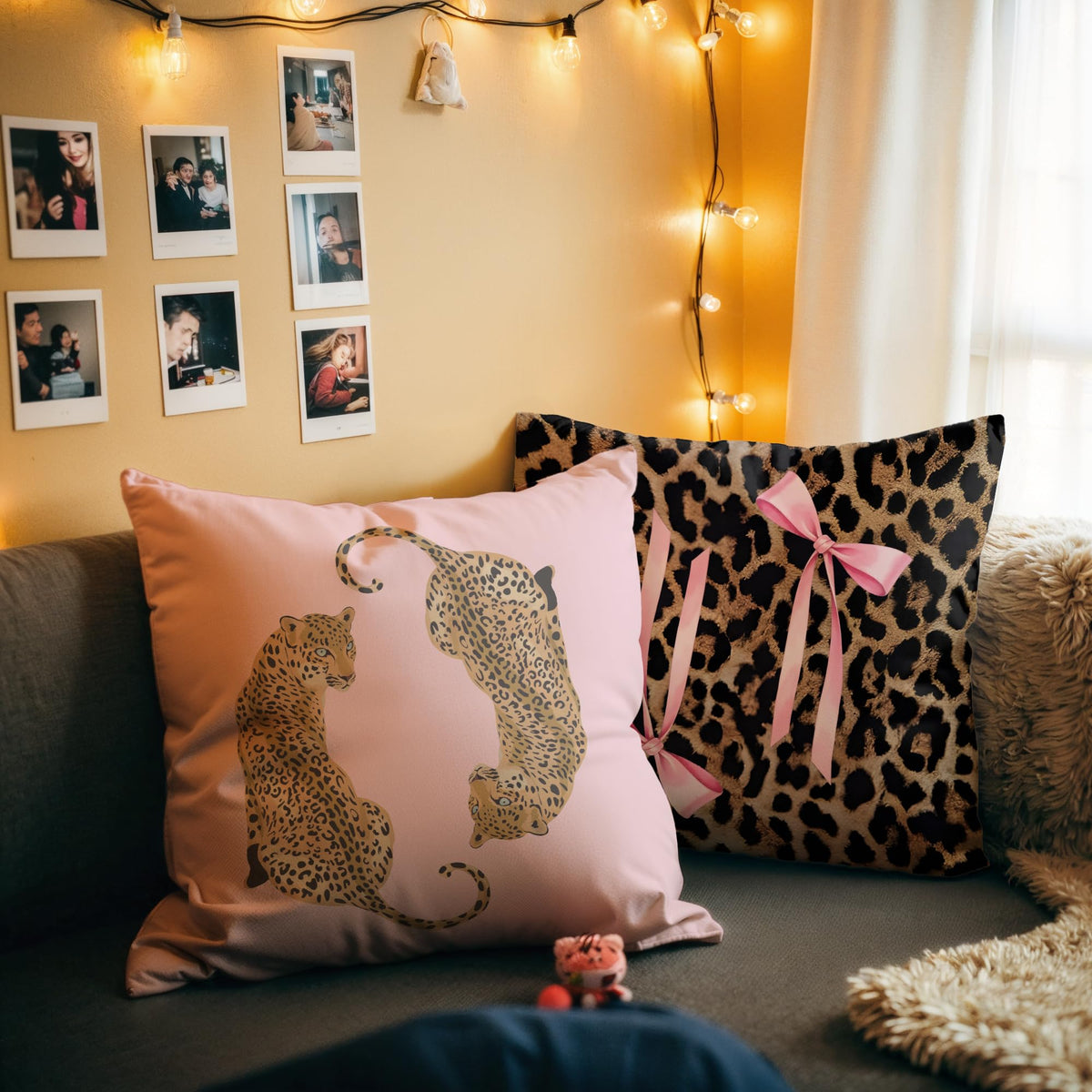 GTYNU Trendy Funky Pink Cheetah Coquette Bow Lip Pillow Covers 18x18 Set of 2,Cheetah Leopard Lover Gifts for Women,Coquette Preppy Pillow Covers for Girls Room Dorm Apartment Decor
