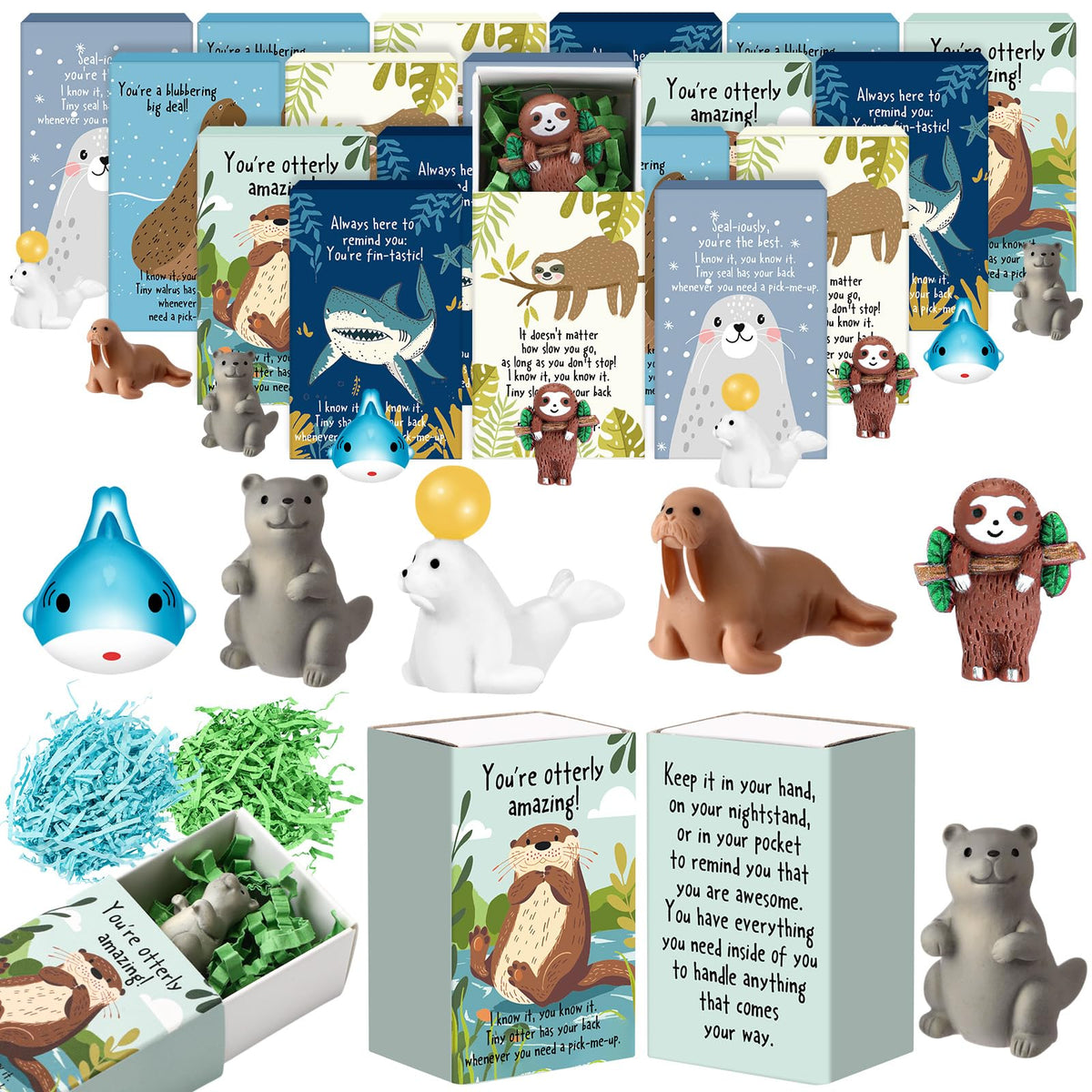 Cinnvoice 50 Set Bulk Gifts for Mothers Day Teacher Appreciation Gifts Nurse Week Employee Coworker Graduation Emotional Support Cute Resin Mini Ornaments Desk Pets Thank You Card Box (Sloth)