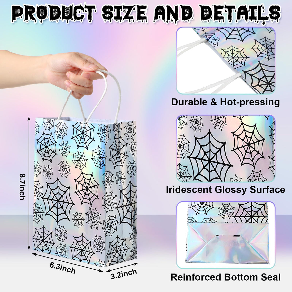 Paterr 24 Pcs Iridescent Halloween Paper Bags Holographic Bat Pumkin Skeletons Pumpkins Spider Webs Trick or Treat Reusable Gift Bags for Halloween Party Supplies Favors(Classic Patterns)