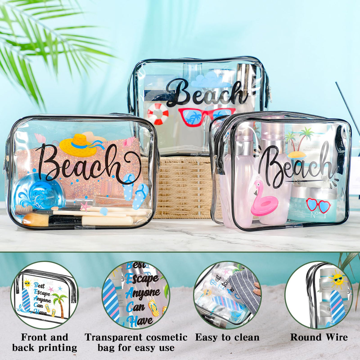 Cunno Makeup Bags Gifts for Women Teacher Beach Cruise Swim Nurse Dance Happy Graduation Gift Survival Kit Clear Cosmetic Bags PVC Waterproof Travel Toiletry Handbags Purses Organizer(Beach Style)