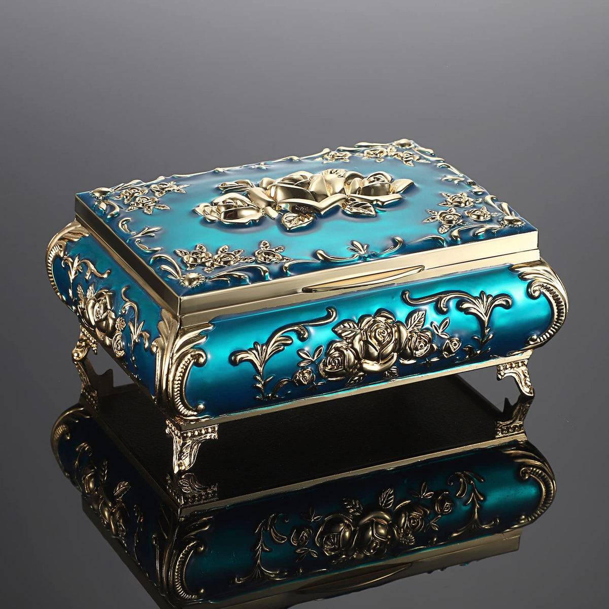 ELLDOO Vintage Music Box, Blue Metal Musical Jewelry Box Keepsake Box, Small Trinket Jewelry Storage Box Gift for Girl Women (Tune: You are My Sunshine)