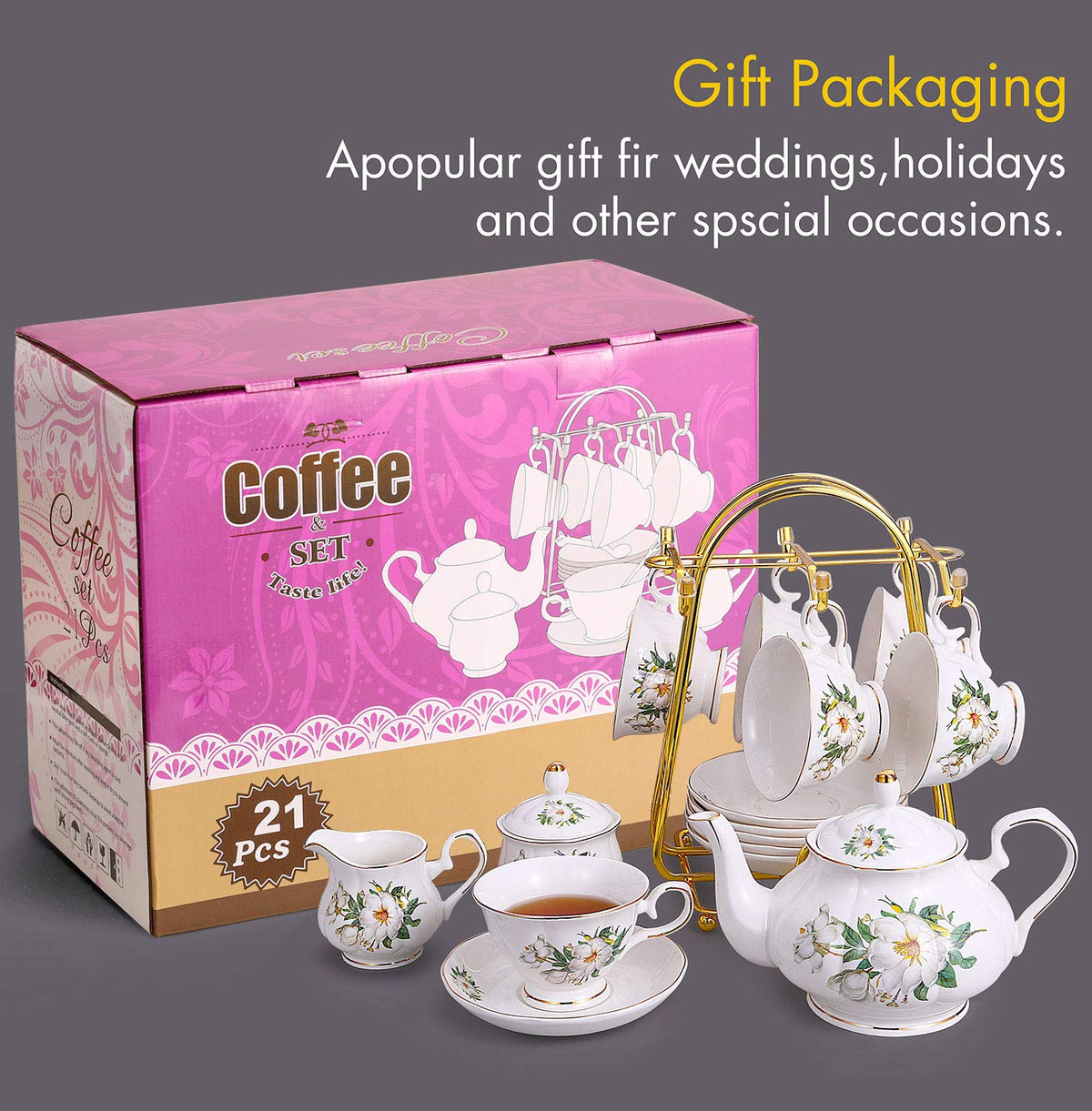 CHENP.HMC Porcelain Tea Set Tea Cup Set 22-Piece Porcelain Ceramic Coffee Tea Gift Sets Cups Saucer Service for 6 Teapot Sugar Bowl Creamer Pitcher and Teaspoons tea pot sets(Camellia)
