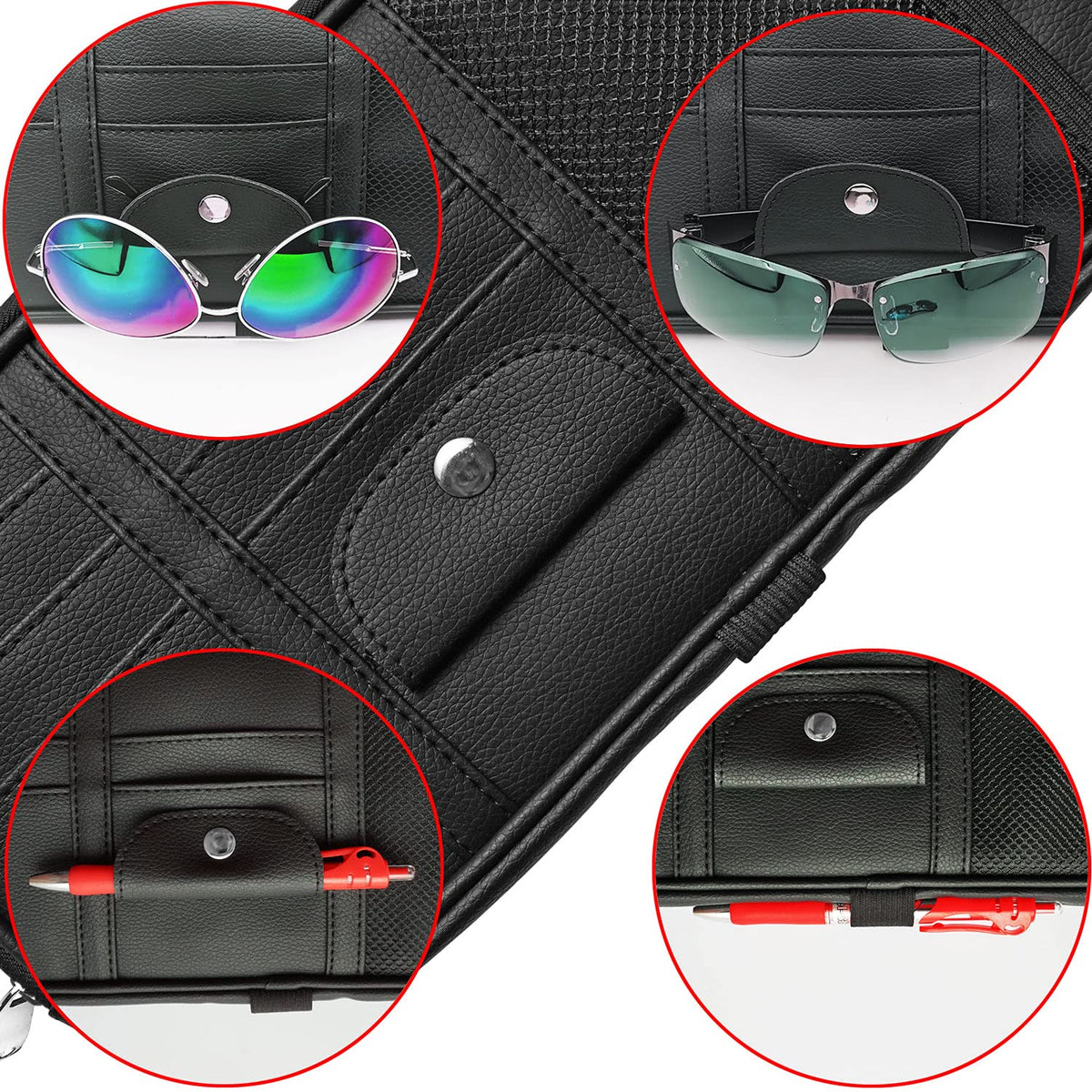 Qitdathn Car Sun Visor Organier Truck SUV Sun Visor Storage Pocket Pouch Holder, Multi-Pocket PU Leather with Zipper Net, for Cards Pens Sunglasses Document (Black)