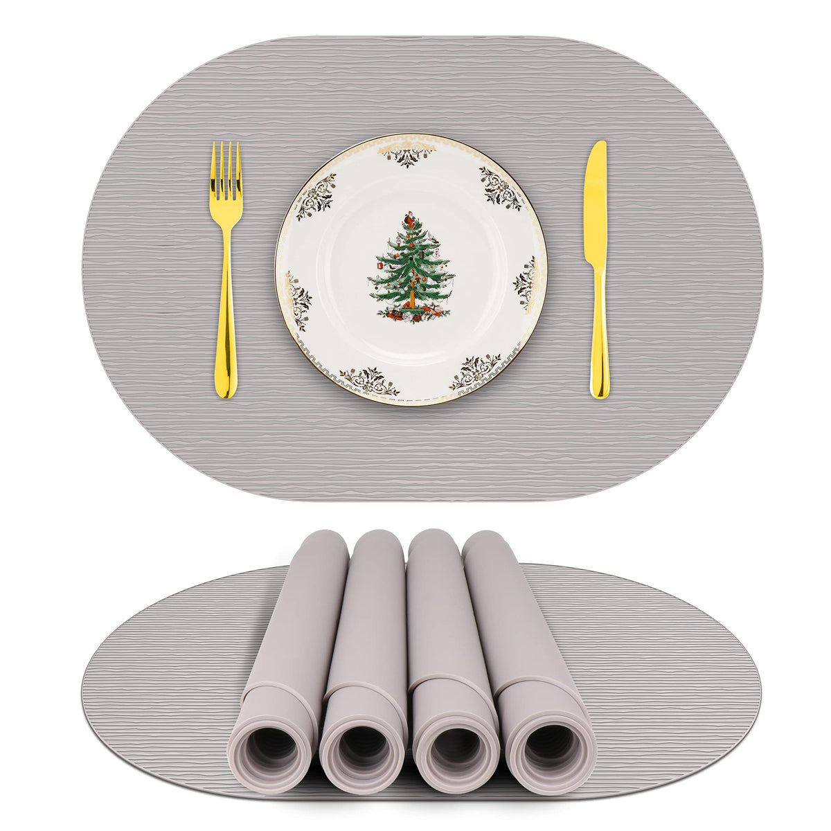 IYYI Silicone Placemats, Dining Placemats Set of 4, Waterproof Placemats for Kids, Heat Resistant Non-Slip Silicone Mats for Dinner Table, Dishwasher Safe (Light Gray, 17.7" ×12")