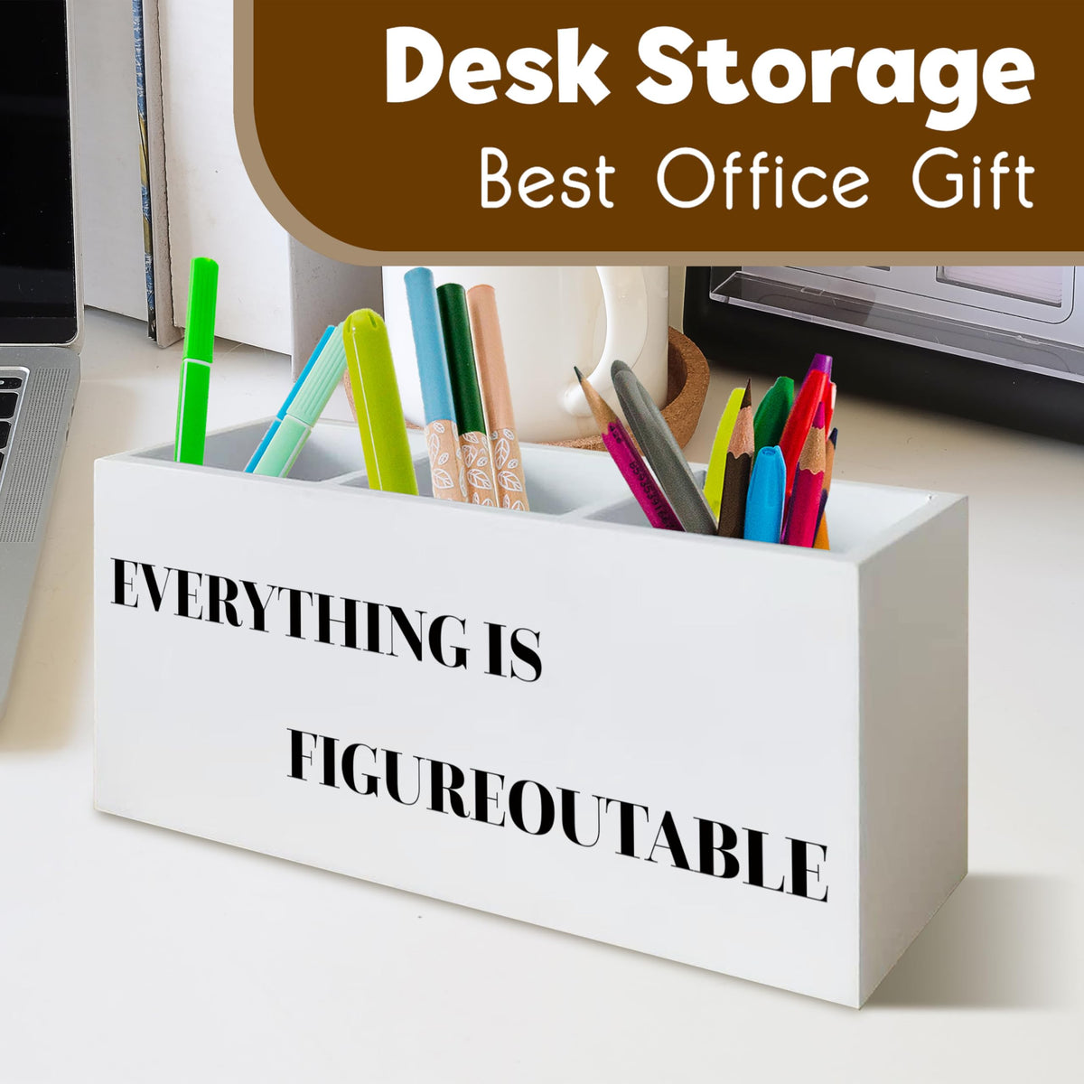 UNCDLV Everything is Figureoutable Inspirational Pen Holder for Desk, Motivational Gifts for Coworkers Women Men, Positive Quote Wooden Pen Pencil Holder Organizer for Office Desk Accessories