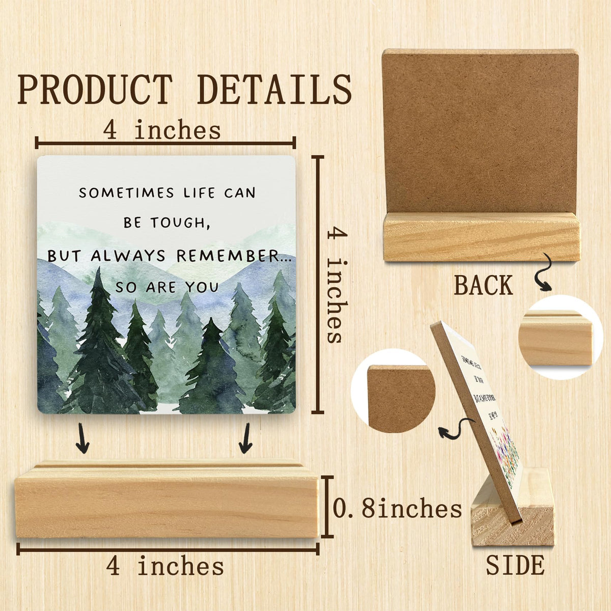 QASHWEY Inspirational Desk Decor, Motivational Desk Decor Forest Tree Wood Table Signs, Inspirational Gifts for Men Women, Sometimes Life Can be Tough Wooden Plaque with Wooden Stand for Home Office