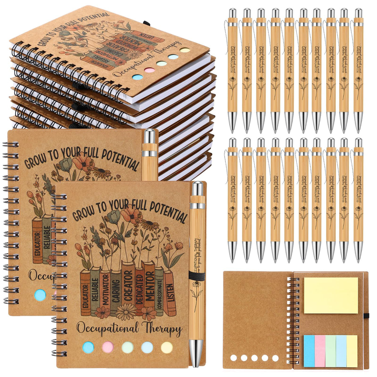 Jetec 20 Set Occupational Therapy Appreciation Gifts Bulk OT Month A6 Spiral Journal Notebooks with Sticky Notes Bamboo Pens for Occupational Therapist Must Haves Supplies