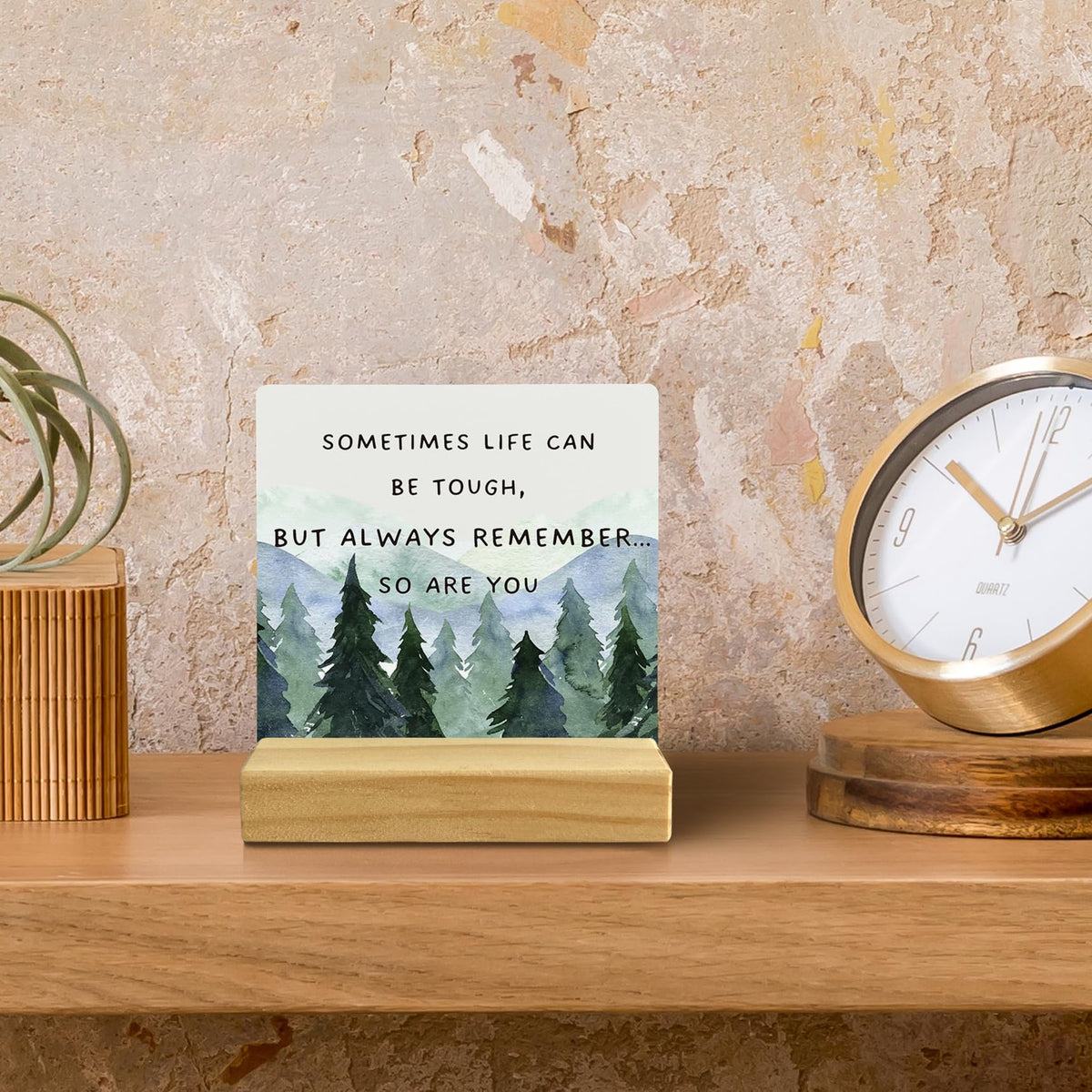 QASHWEY Inspirational Desk Decor, Motivational Desk Decor Forest Tree Wood Table Signs, Inspirational Gifts for Men Women, Sometimes Life Can be Tough Wooden Plaque with Wooden Stand for Home Office