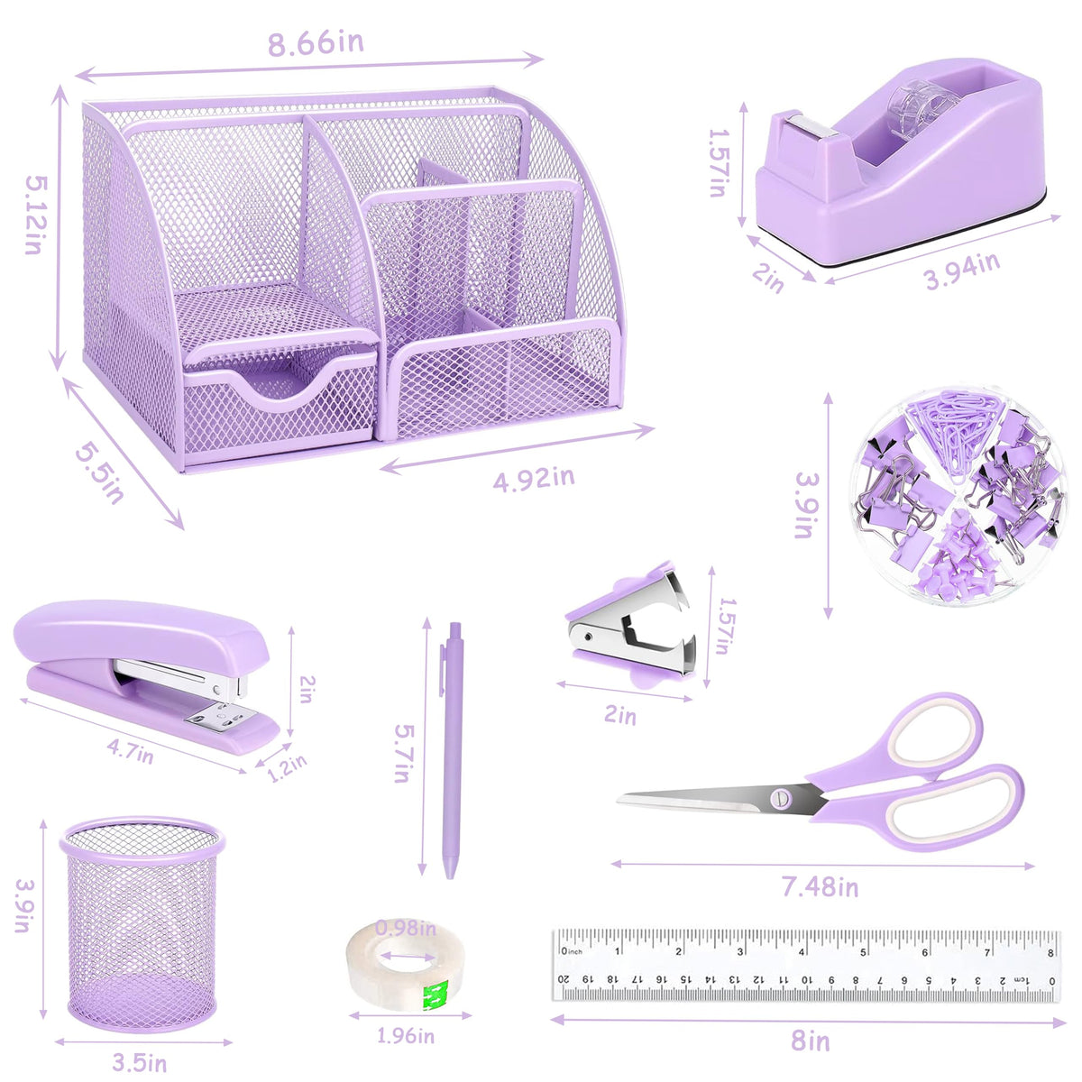Purple Office Desk Accessories Supplies, 12pcs Desk Organizers and Accessories with Tape dispenser and Stapler,Staples,Staple Remover,Pen Holder,Scissor,Ruler,Sticky Tabs,Tape,Ballpoint Pen,Clips Set
