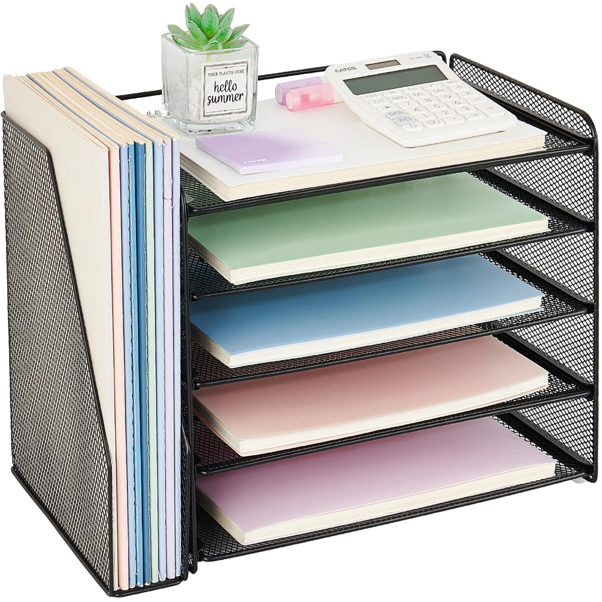 OPNICE Desk Organizer, 5-Tier Paper Organizer Letter Tray with Magazine Holder, Office Desk Accessories & Workspace Organizers, Desktop File Organizer for Office Supplies Storage, Black