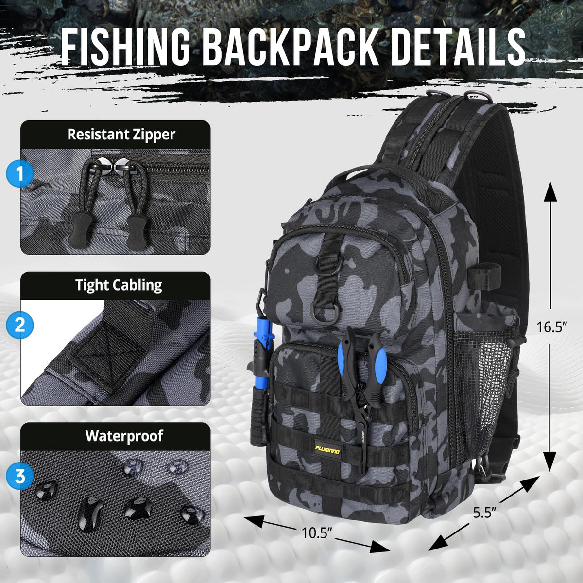 PLUSINNO Fishing Backpack with Tackle Boxes, Waterproof Fishing Sling Tackle Bag For Fishing Gear With Rod Holder, Fishing Gifts for Men With Fishing lures, Fishing pliers.