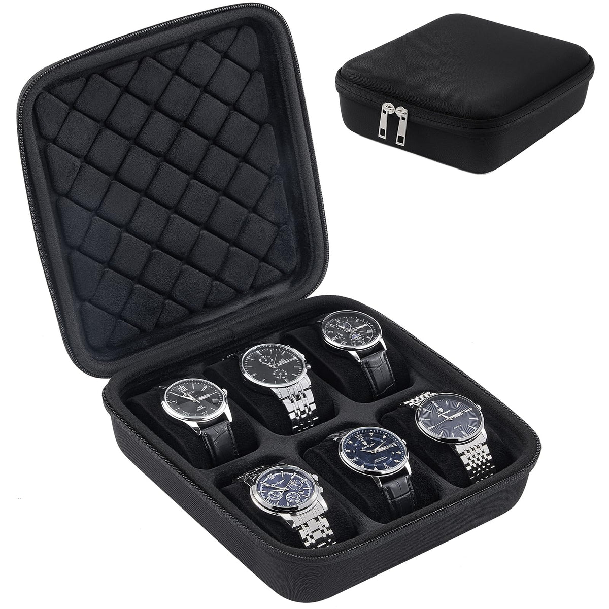 ProCase Travel Watch Case, 6 Slots Hard Shell Storage Box for Watch Bracelet Accessories, Zippered Organizer Bag Valentine's Gift for Women Men -Black