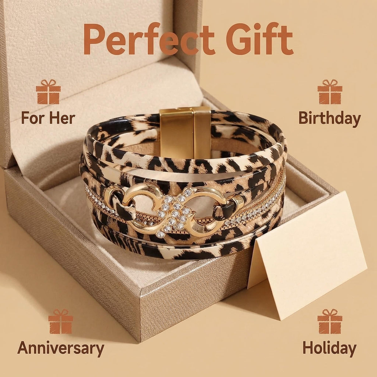 Hopeicy Leopard Bracelet for Women, Boho Leopard Print Wrap Bracelet with Rhinestone Gold Buckle, Magnetic Clasp Layered Leather Cuff Bracelet, Cheetah Print Jewelry Fashion Accessories Gift for Women