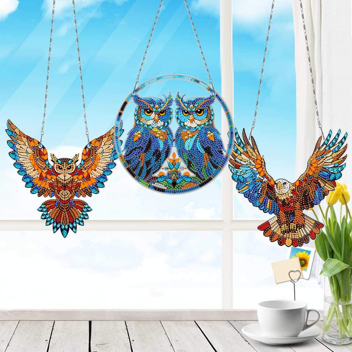 MaiYiYi 3 PCS DIY Hanging Diamond Art Pendant Painting Kit Owl Diamond Painting Suncatchers Cute Owl Diamond Art Ornaments for Home Wall Window Art Decor (12.79X7.67 inch)