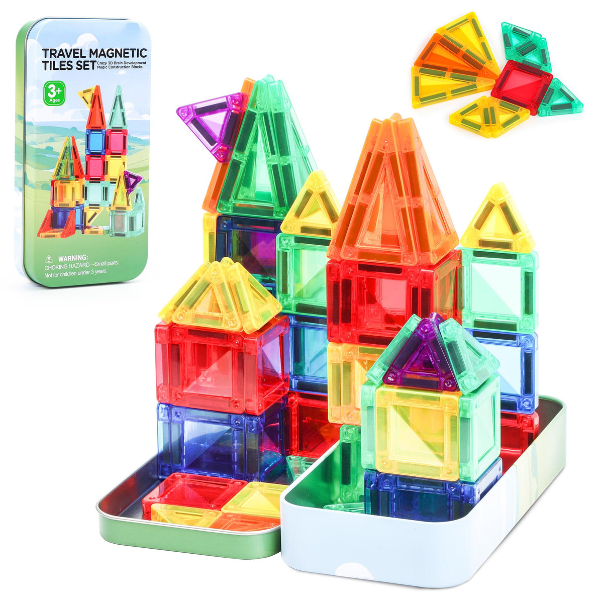 Mini Magnetic Tiles Toddler Travel Toys with Iron Box, STEM Educational Travel Set Building Toys for Kids, Travel Essential Portable Building Toys for Toddlers, Boys Girls Christmas Birthday Gift