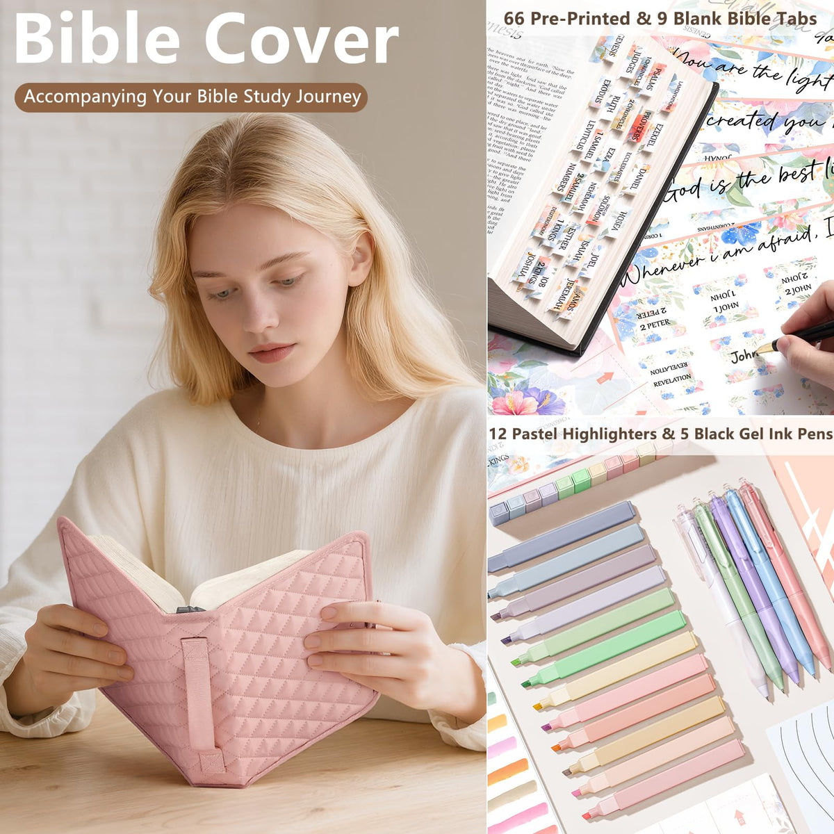 Large Bible Bag with Bible Cover Case for Women, Quilted Church Tote Bag Carrying Case w/Shoulder Strap Bible Study Supplies Journaling Kit Accessories Mothers Day Christian Gift for Women Mom Teacher