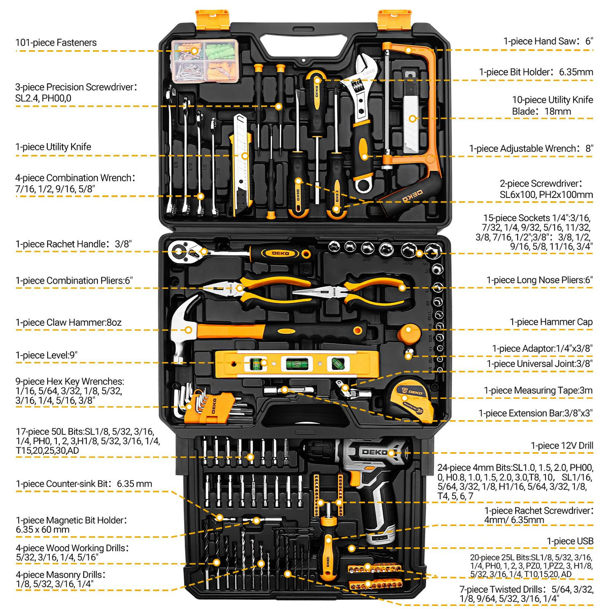 Tool Kit Box Drill Set：DEKOPRO Home Mechanic Toolbox with 12V Power Cordless Drill Hand Repair Tools Sets Combo Kits Storage Organizer Drawer Case for Men