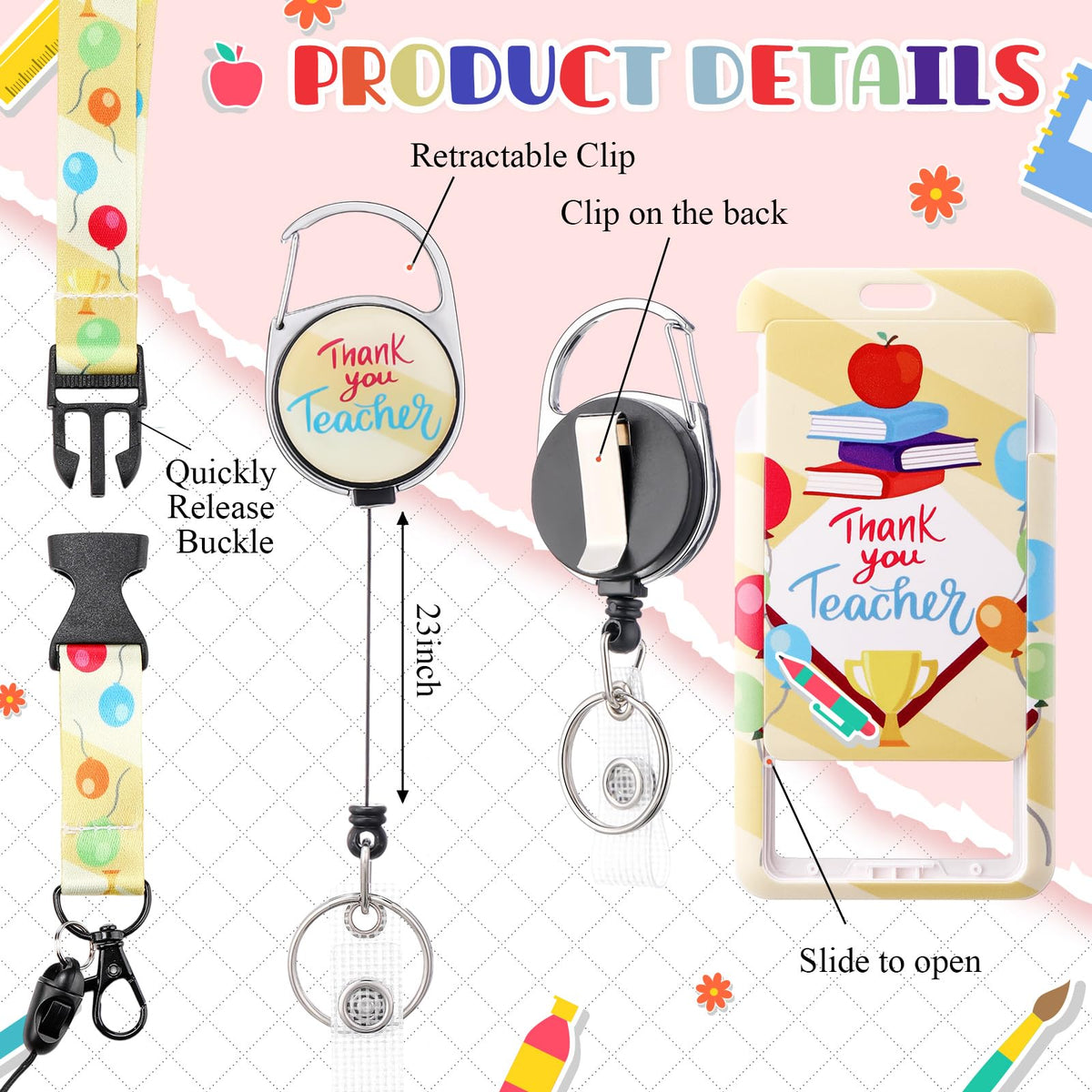 Geyoga 6 Pack Christmas Teacher ID Badge Holder with Breakaway Lanyard Pencil Book Cute ID Badges with Retractable Clip Card Holder Keychain for Women Christmas Gifts (Cute)