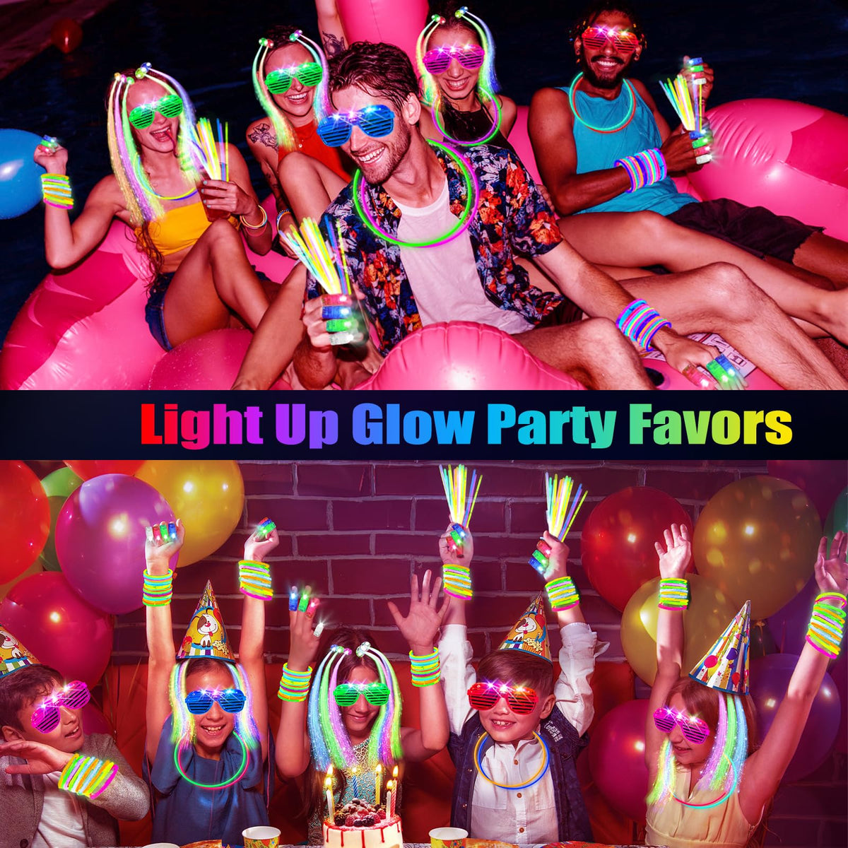 SHQDD 158 PCS Glow in the Dark Party Supplies, 14PCS LED Glasses, 30LED Finger Lights, 14LED Light Hairs and 100PCS Glow Sticks Bracelets, Neon Party Favors for Wedding, Concert, Birthday, New Year