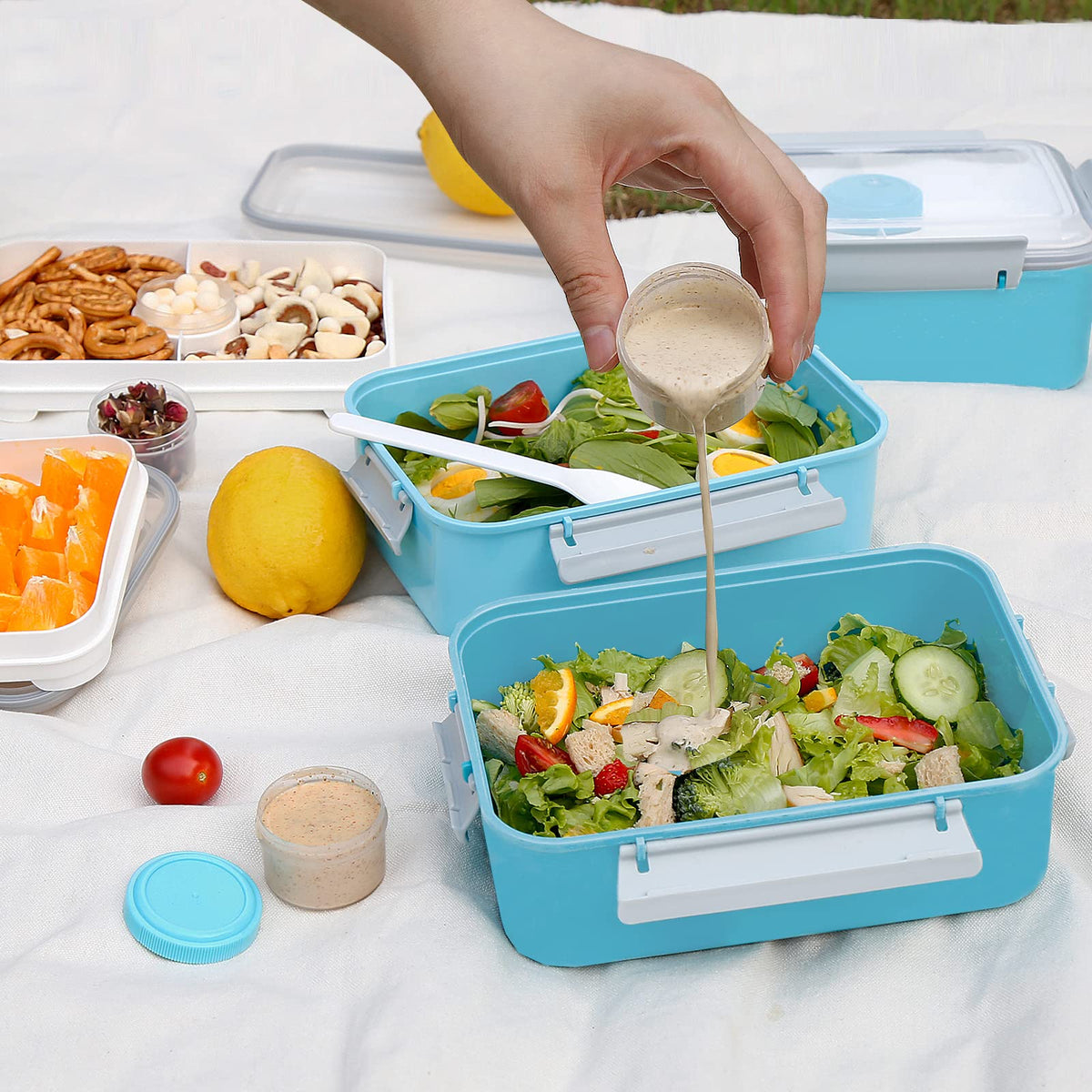 3 Pack Salad Lunch Box Food Storage Containers, 47oz Bento Box To Go Container with Lids, Meal Prep Containers with Removable Tray & Dressing Pots for Kids and Adults, Reusable and Microwave Safe