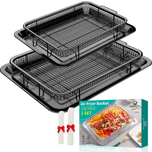 Air Fryer Basket, OPENICE 2 Set Air Fryer Pan and Crisper Tray for Oven, Non-stick Oven Air Fryer Basket for Baking and Crispy Foods - Black