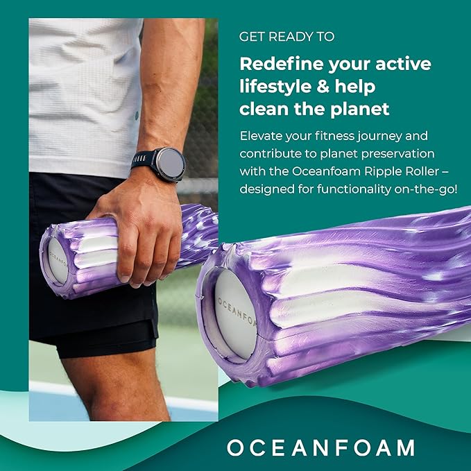 Oceanfoam Ripple Travel Foam Roller (11" x 3.35") Firm Mini Foam Roller for Physical Therapy, Deep Tissue Massage, Back Pain - High Density, Ergonomic Wave Textured - Yoga, Exercise (Purple Marbled)