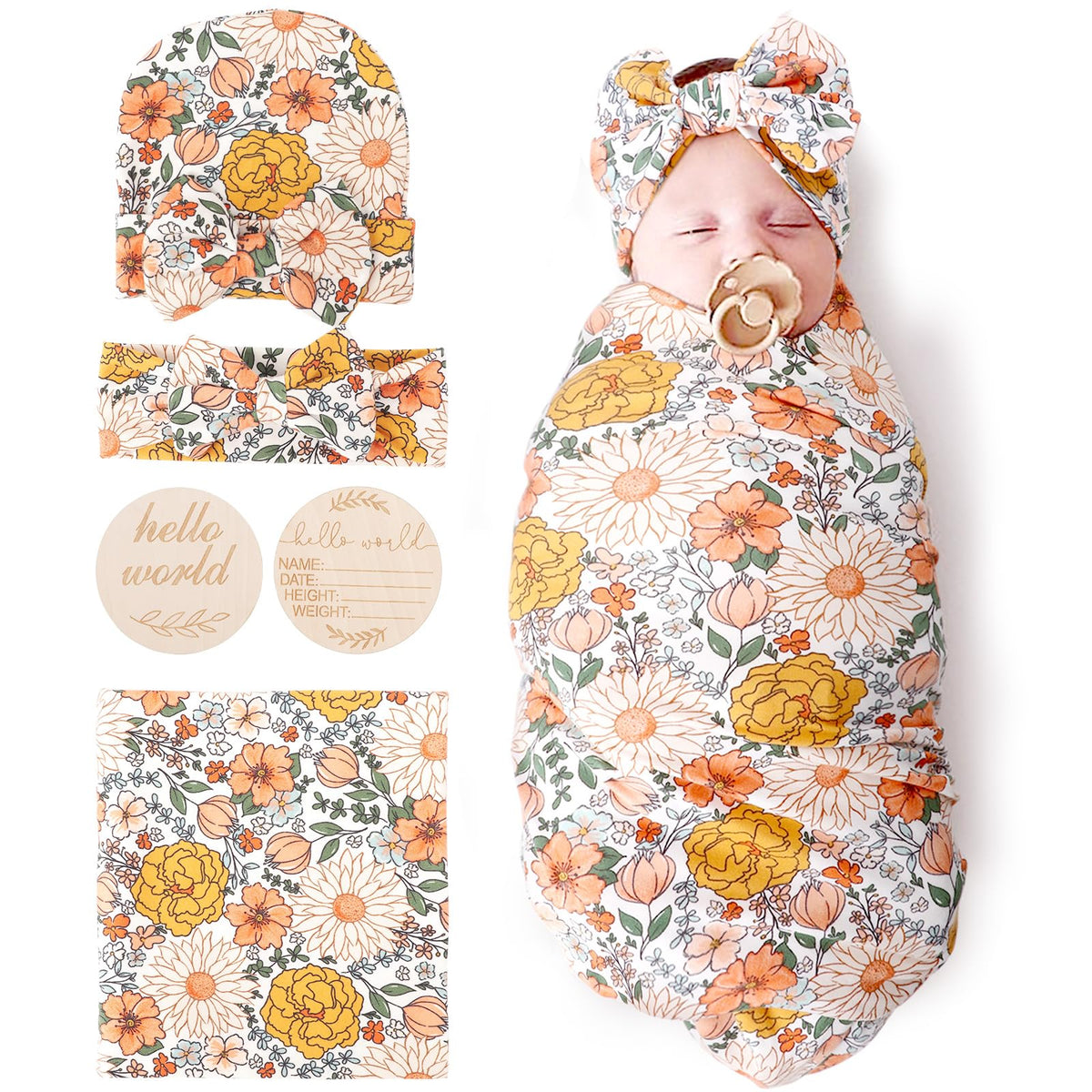 DRESHOW BQUBO Baby Girl Newborn Floral Receiving Blankets with Bow Hat Headband Wooden Birth Announcement Card Set Newborn Baby Swaddling Hats Sleepsack Toddler Warm Shower Gift