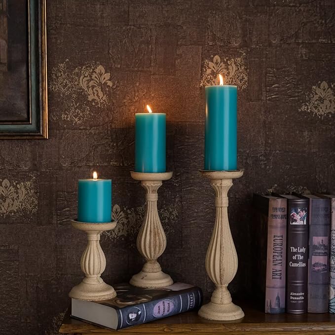 MOZEAL 3" x 4" Hand-Poured Unscented Candle,Dripless Pillar Candle Set of 3,Long Clean Burning,Approx 72 Hours Burn Time,Rustic Country Style,Wedding,Dinner,Christmas and Home Decor,Turquoise Teal