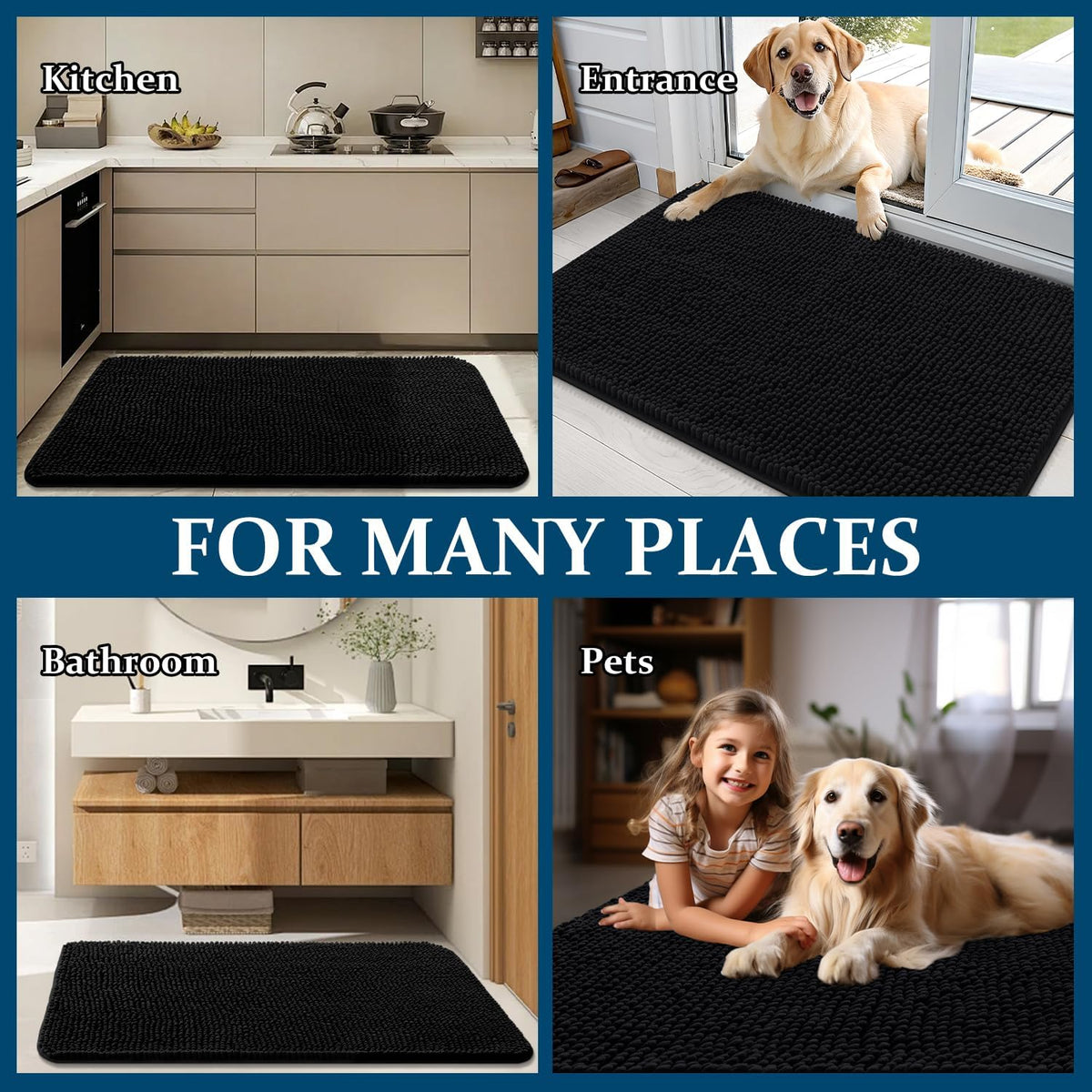 OLANLY Dog Door Mat - Absorbent Non-Slip Chenille Mat for Muddy Paws | 50x30 Inches, Quick Dry, Black