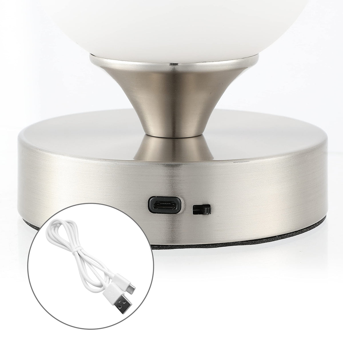 JONATHAN Y 6.13" Nickel/White Modern Cordless Rechargeable LED Table Lamp, Frosted White Glass Shade, Touch Dimmable Mini Accent Light for Bar, Bedroom, Nightstand (JYL7112B)