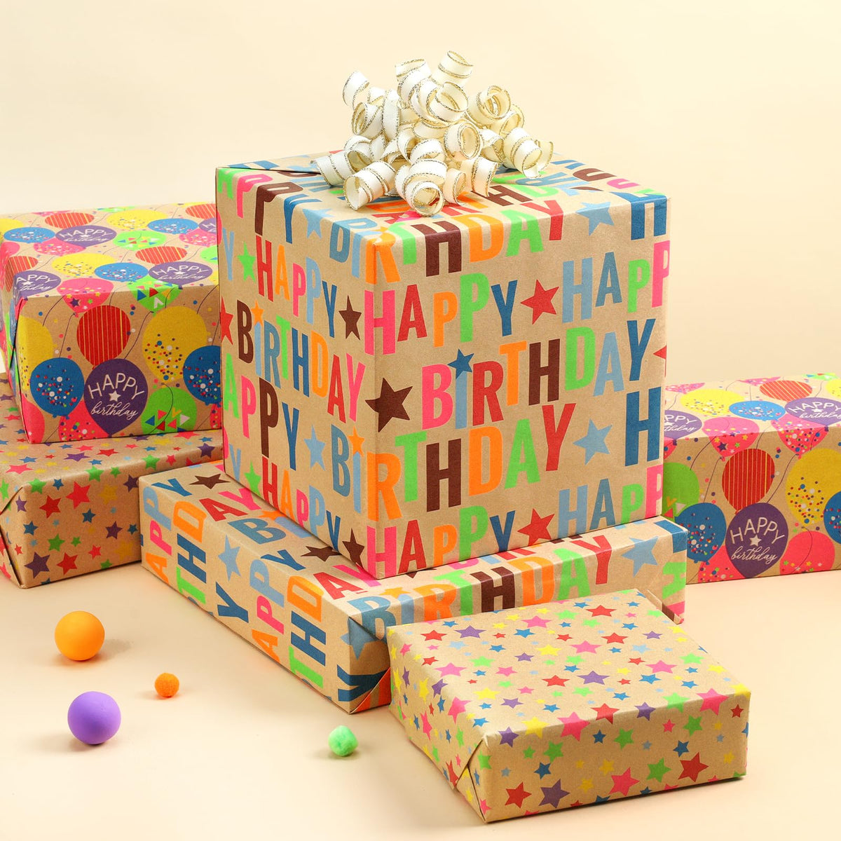 BIOBROWN Kraft Birthday Wrapping Paper - Mini Roll - 17 inch X 120 inch Per Roll - Colorful Text Happy Birthday Balloon Star Design for Party, Baby Shower, Holiday