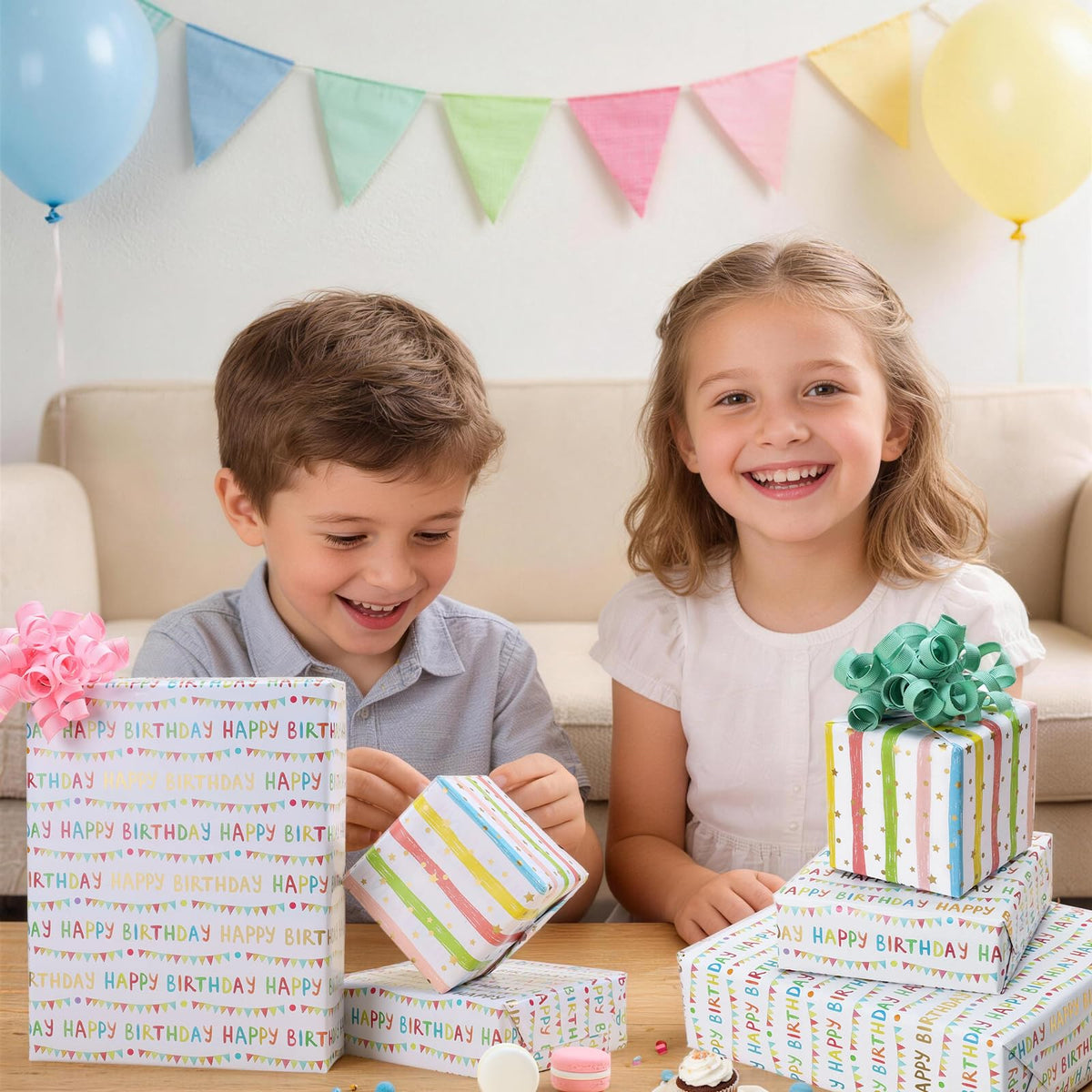LaRibbons Reversible Happy Birthday Wrapping Paper, Colorful Birthday Lettering with Party Bunting, Stripe & Gold Foil Star Design on Back, Festive Gift Wrap for Party Celebration, Kids, Girls, Women, 17" x 33'