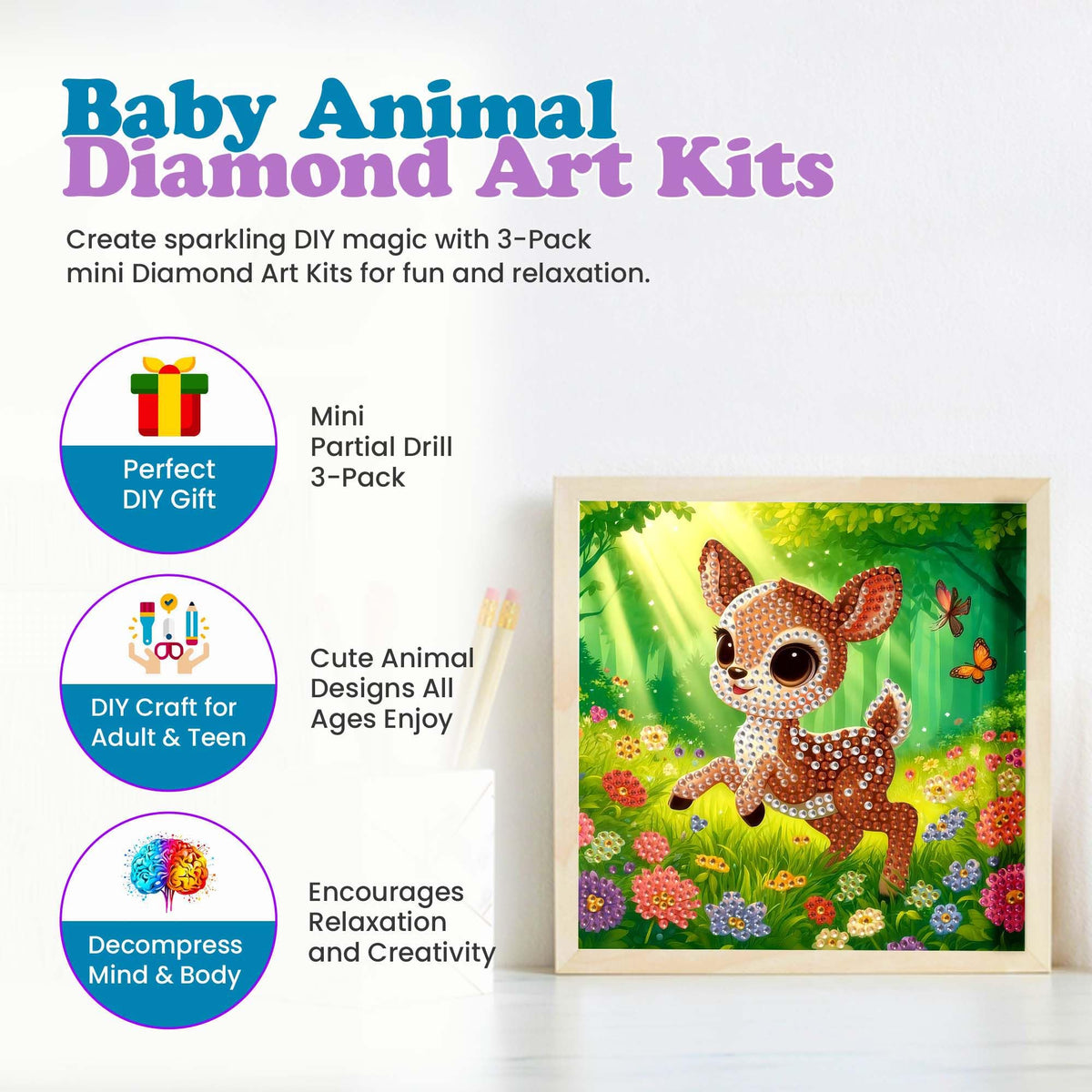 Modern Merch Small Diamond Art Packs Butterfly Deer & Penguin, Animal Diamond Dots for Adults, Jewel Art Painting Kits, Mini Gem Arts and Crafts for Adults, Round Drill 3 Pack Partial Drill