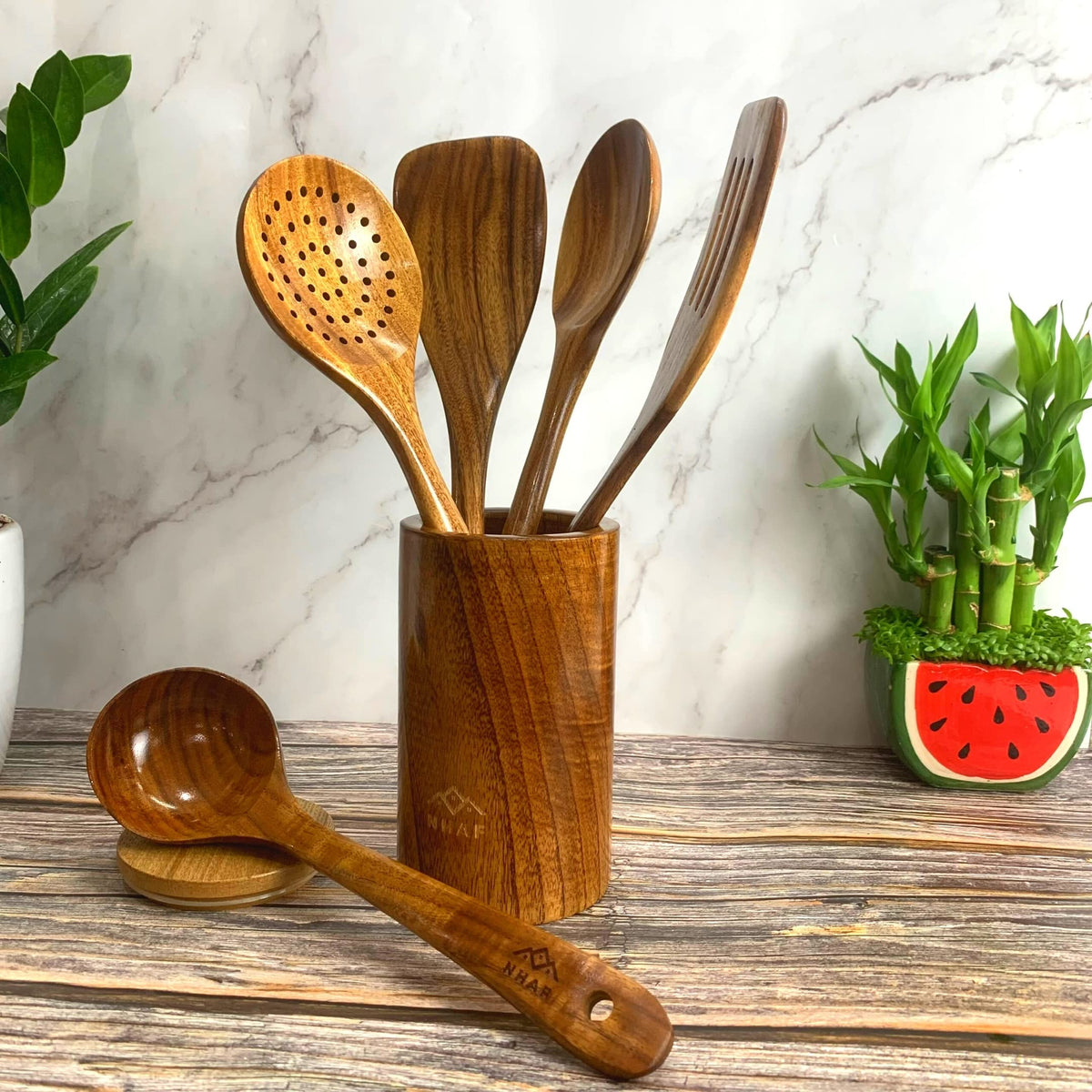 NHAF Premium Teak Healthy Spoons, Durable Eco-friendly Spatula, Wooden Utensils Set with Holder & Canvas Bag, Wooden Cooking Gifts for Mom