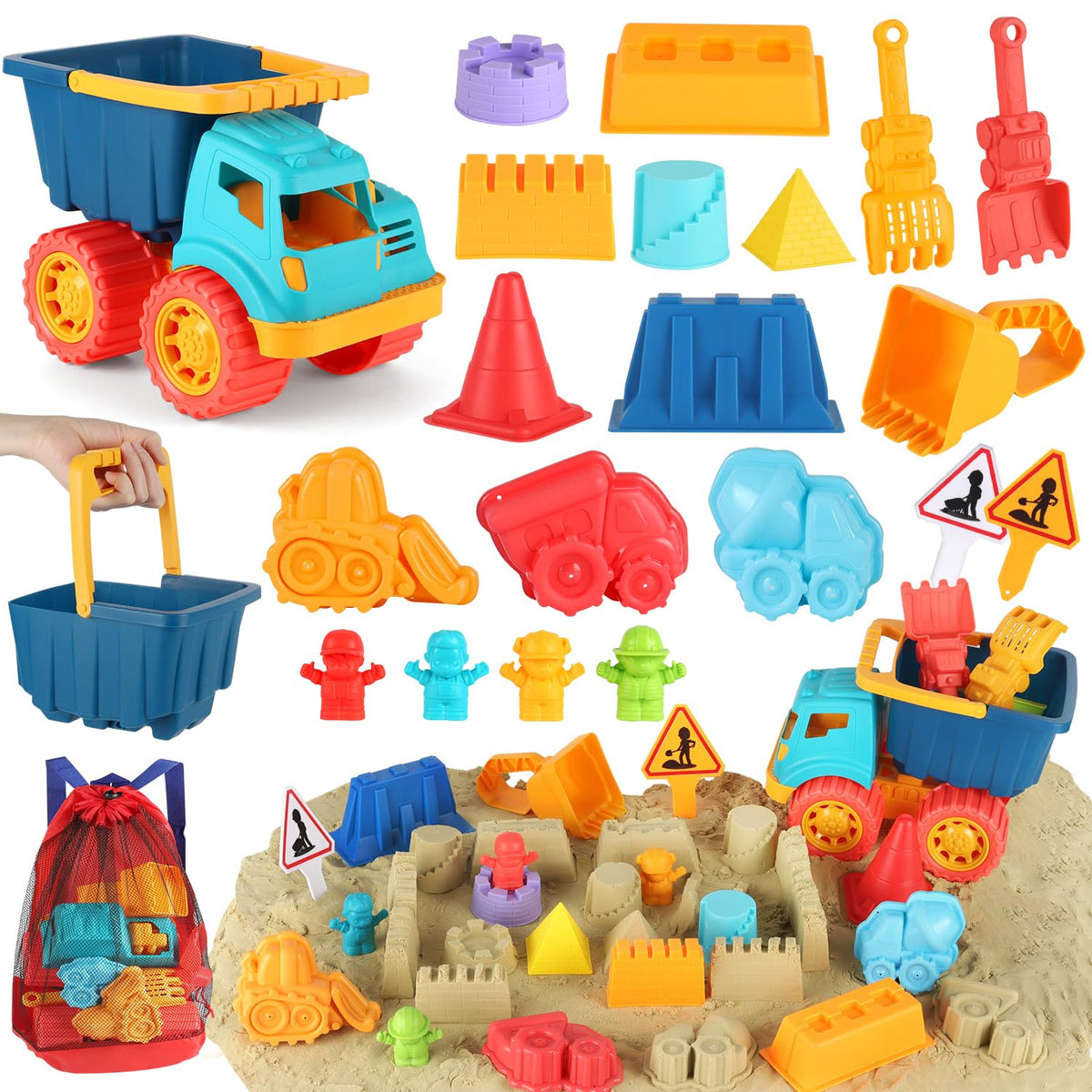 Elovien Beach Sand Toys, Large Dump Truck with Bucket, Sandbox Construction Toy Sand Castle Building Kit with Mesh Bag, Sand Molds, Shovels, Worker Figures, Kids Toddlers Summer Outdoor Travel Toys