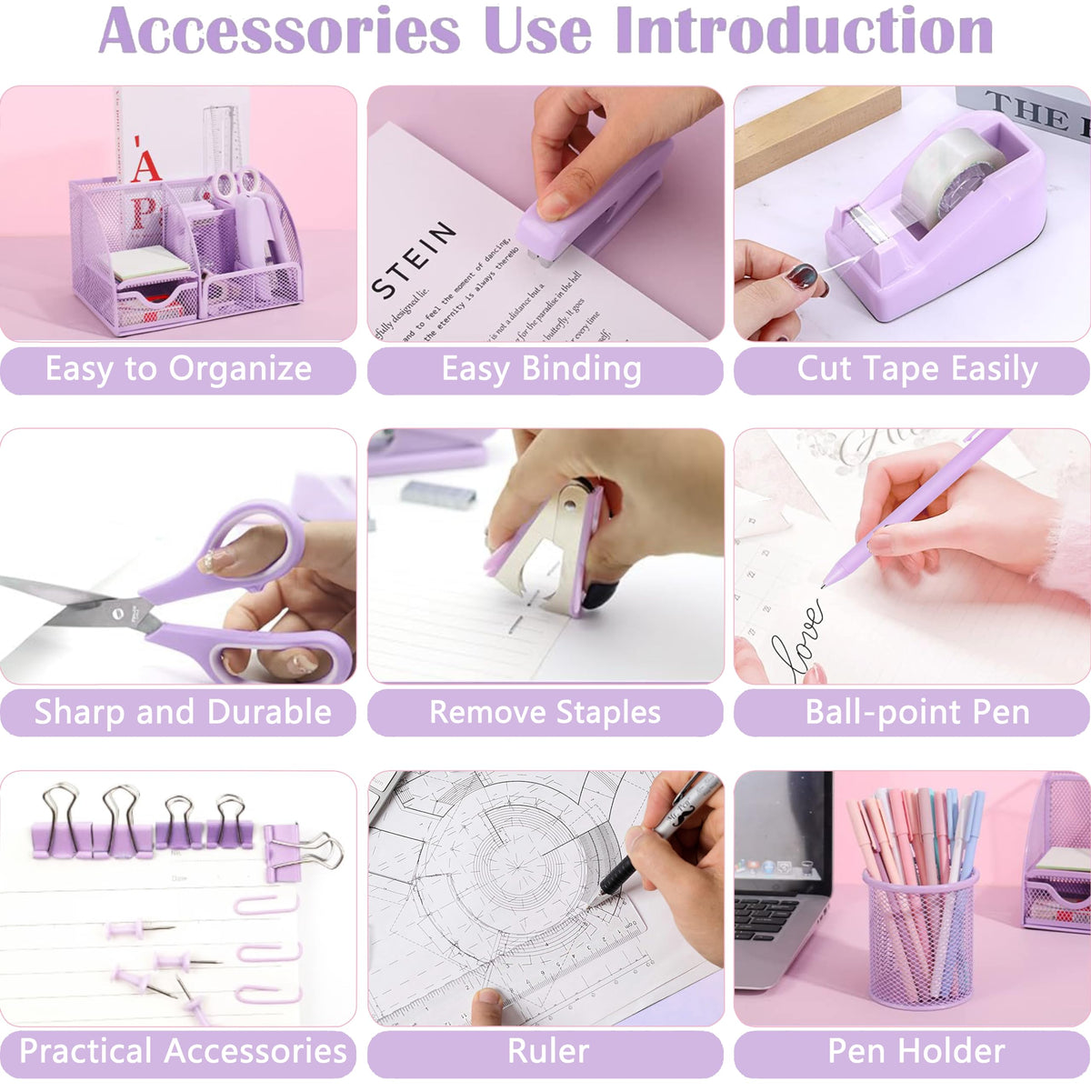 Purple Office Desk Accessories Supplies, 12pcs Desk Organizers and Accessories with Tape dispenser and Stapler,Staples,Staple Remover,Pen Holder,Scissor,Ruler,Sticky Tabs,Tape,Ballpoint Pen,Clips Set