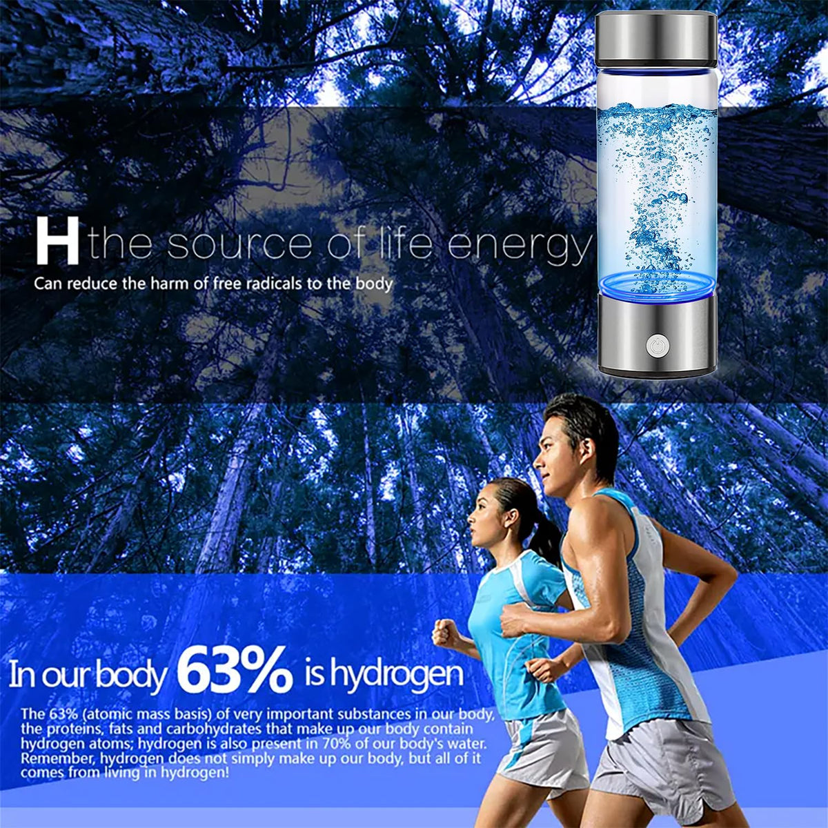 Hydrogen Water Bottle Generator 2pack, Glass Hydrogenated Water Bottles Health Cup, Hydrogen Water Generator w SPE/PEM Tech Improve Water for Home/Office/Travel/Daily Drinking Gift for Mom Father Day