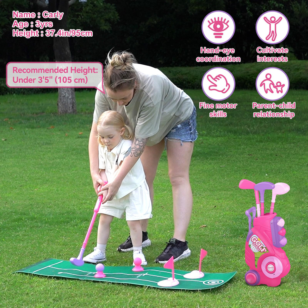 Liberry Toddler Golf Set for 2 3 4 Years Old Girls Boys, Upgraded Kids Golf Cart with Golf Cornhole Board & Putting Mat, Indoor and Outdoor Golf Toys Birthday Gift, Pink