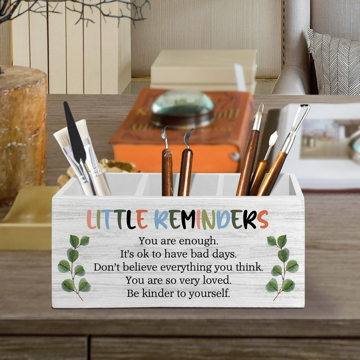 XLDLIOO Little Reminders Inspirational Pen Pencil Holder Organizer for Desk Accessories, Mental Health Motivational Wooden Box Sign Desk Decor for Home Office Decoration, Positive Gifts